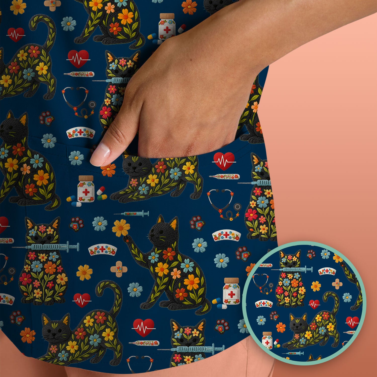 Floral Black Cat Pattern Scrub Top, Cute Cat Nurse Scrub Shirt, Medical Nursing Uniform