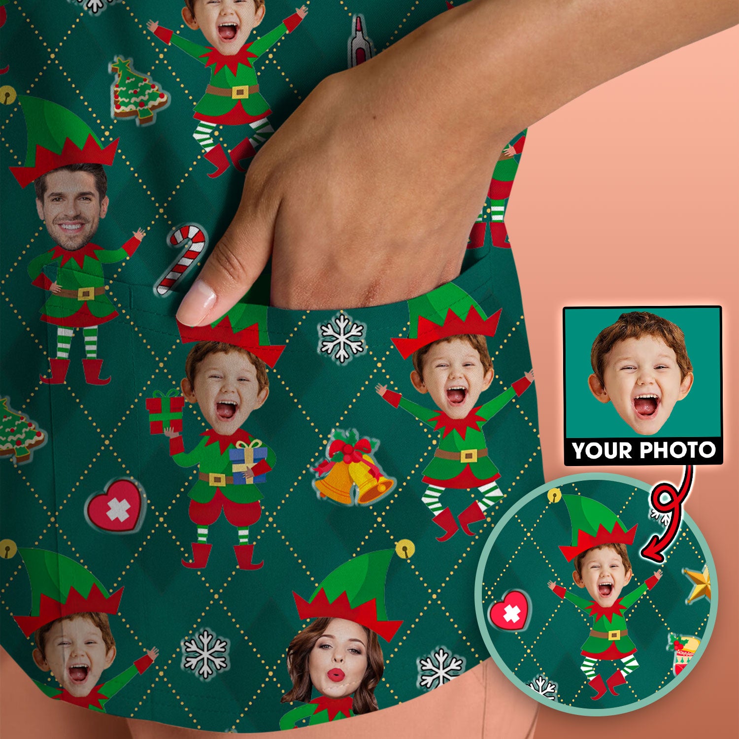Personalized Face Nurse Shirt, Custom Photo Christmas Scrub Top, Funny Holiday Medical Uniform For Nursing
