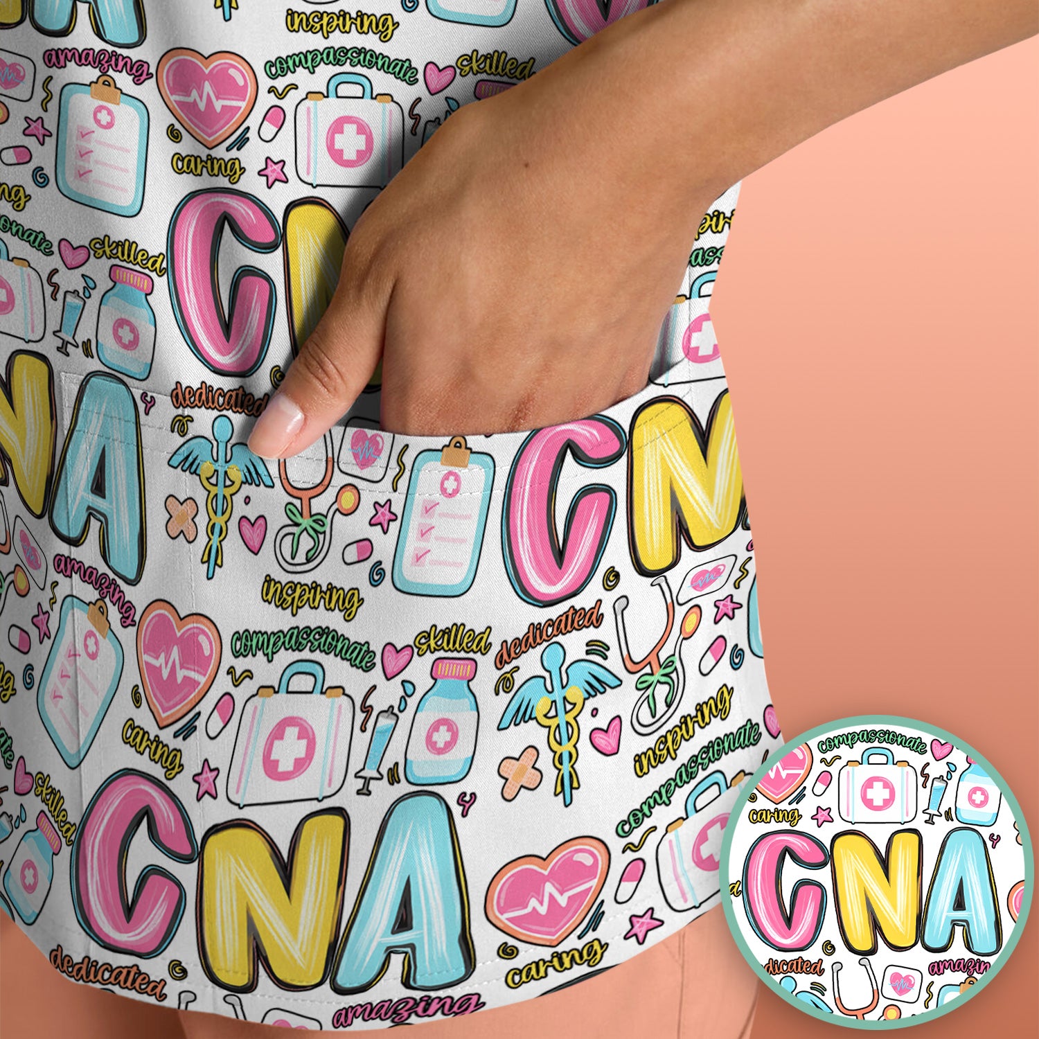 CNA Nurse Appreciation Pattern Scrub Top, Breathable Fabrics Nursing Uniform