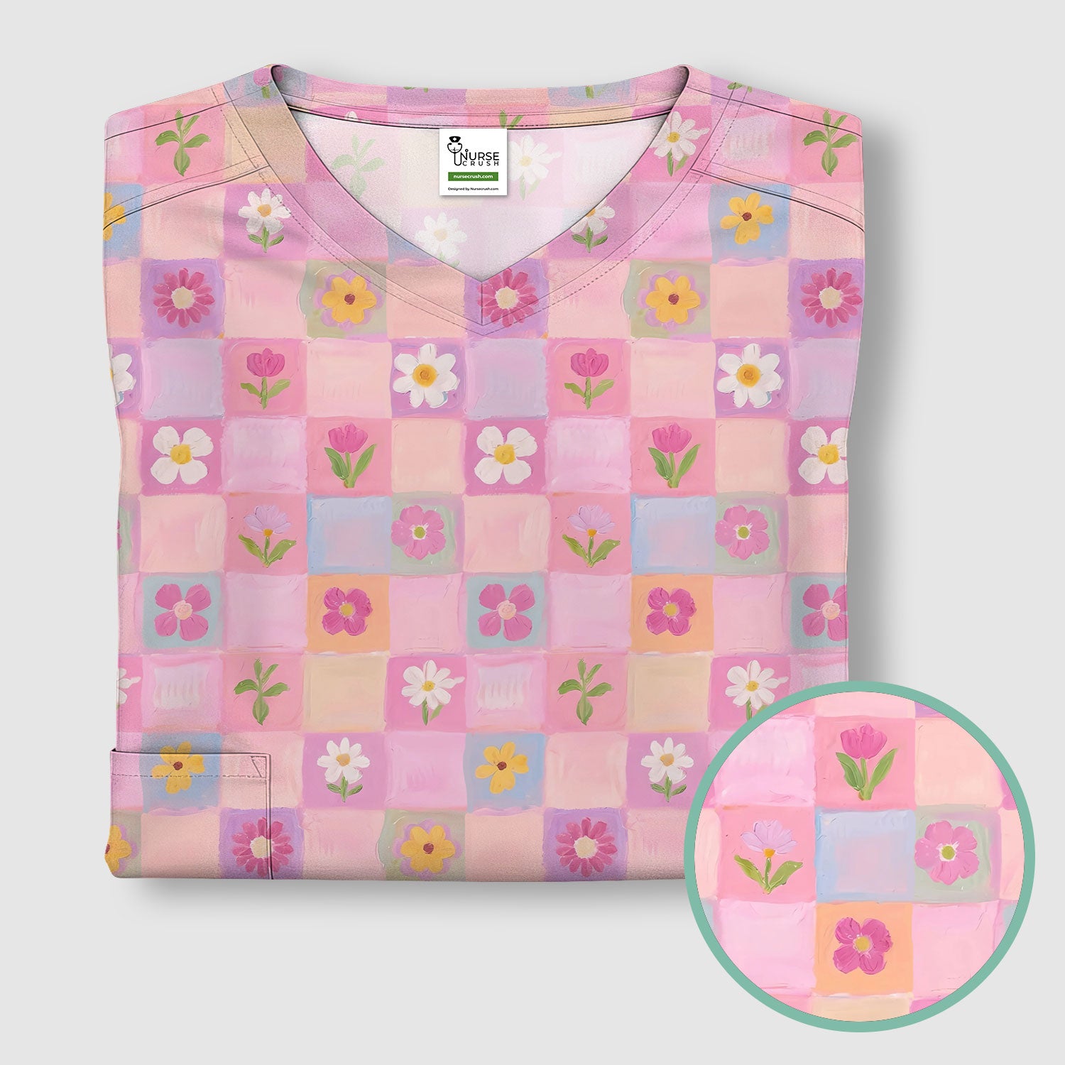 Lovely Pastel Floral Patchwork Pattern Scrub Top, Comfortable Scrubs For Nurses