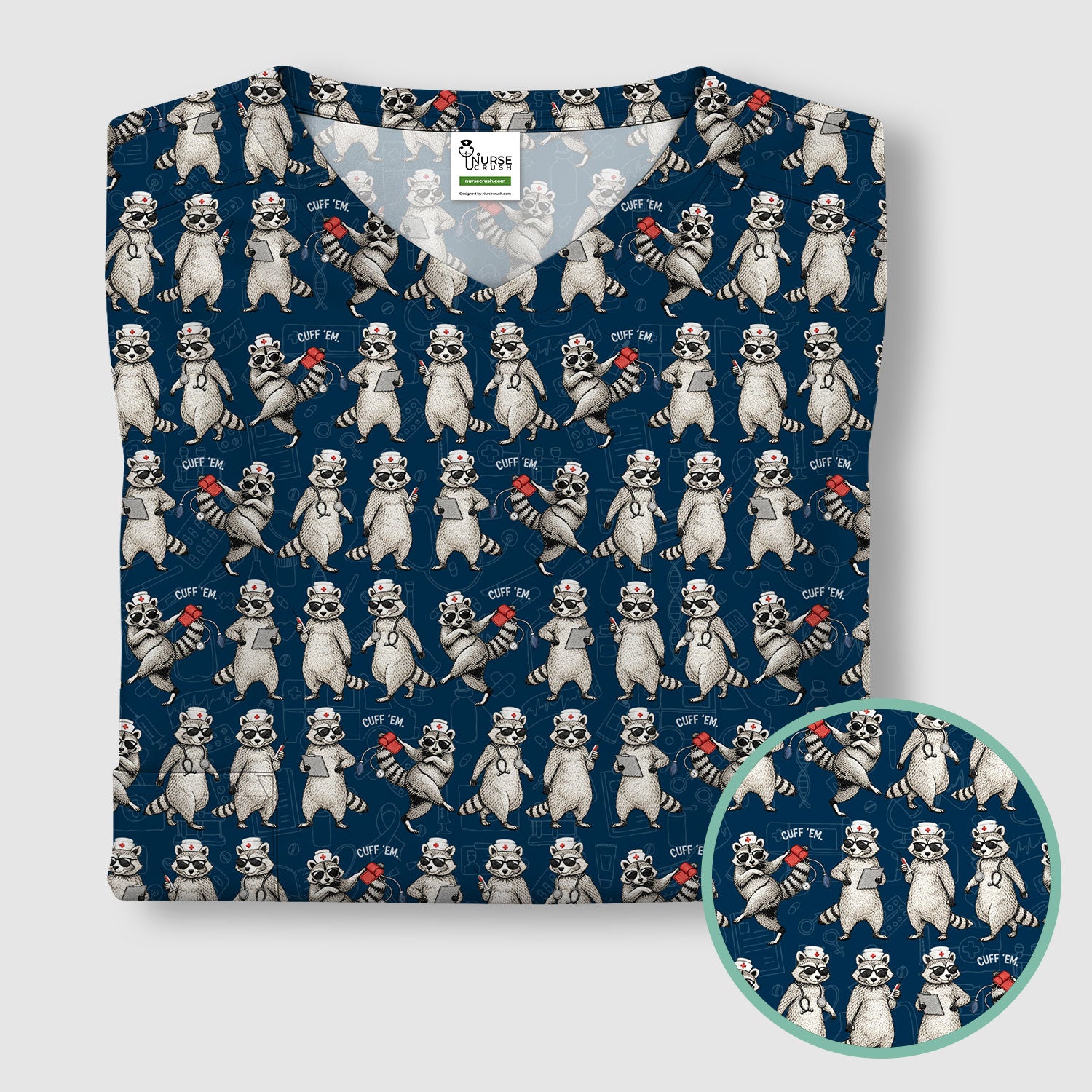 Funny Raccoon Nurse Pattern Scrub Top, Comfortable Scrubs For Nurses
