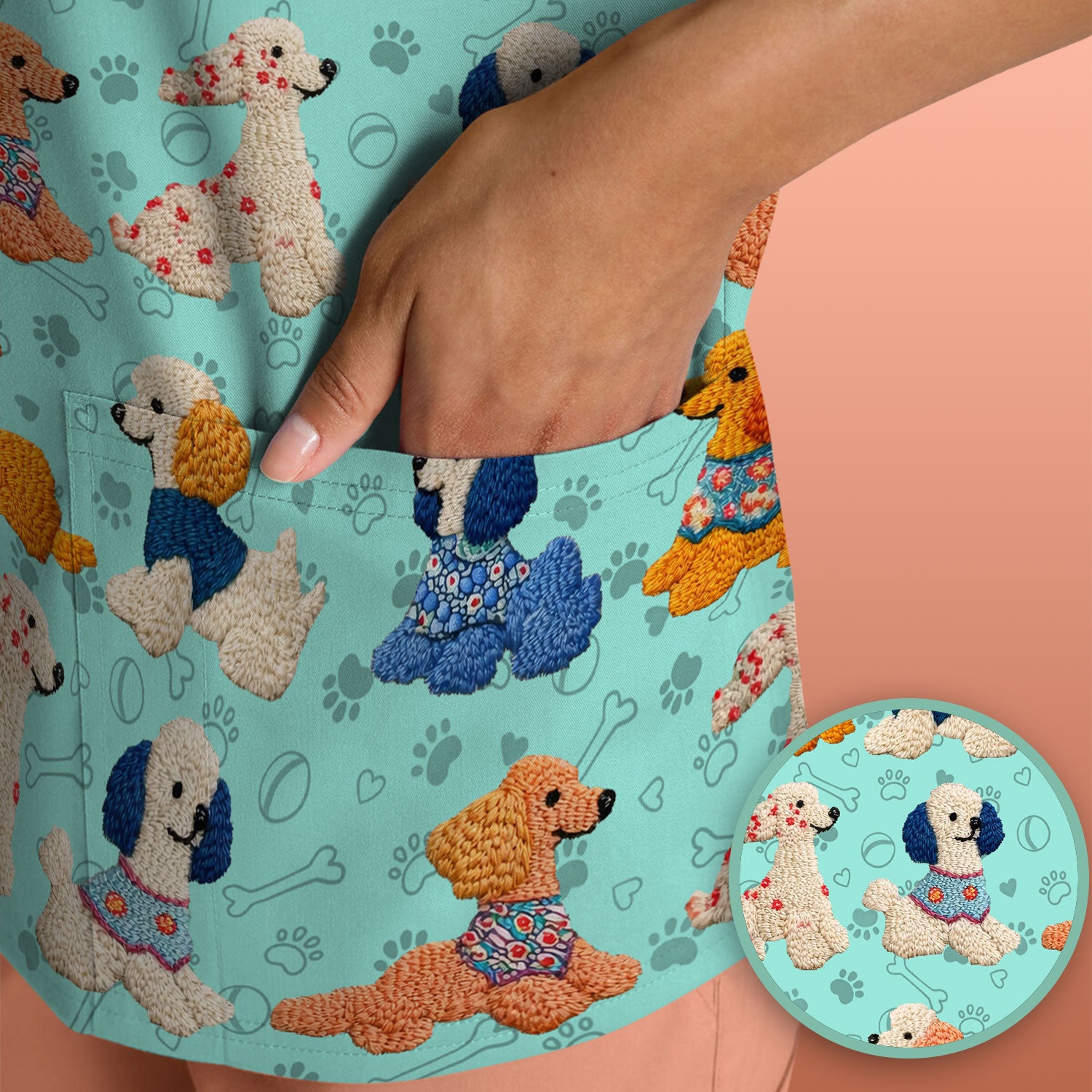 Cute Colorful Poodle Pattern Scrub Top, Comfortable Scrubs for Nurses