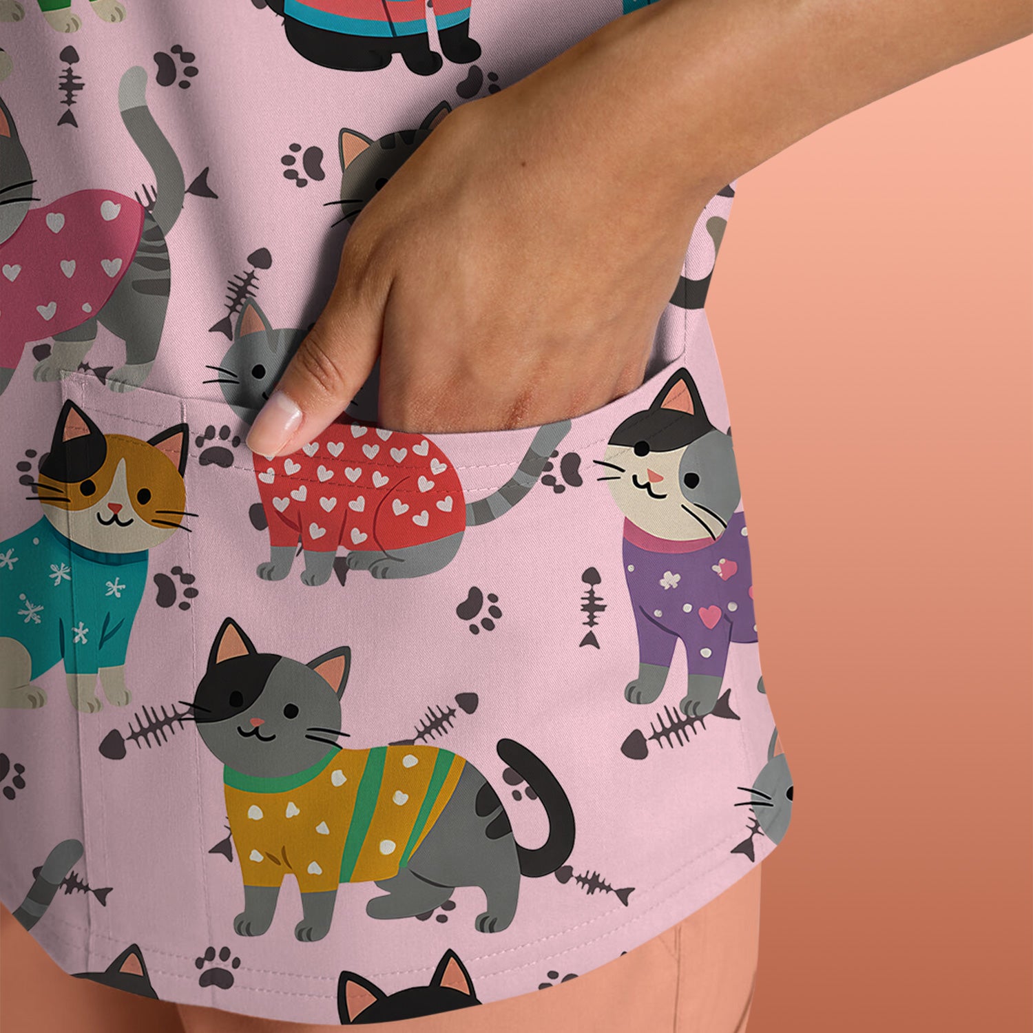 Custom Cat Scrub Top Multi Color - Cute Kitty Print Scrub Shirt for Nurses - Funny Colorful Nursing Workwear with Pockets