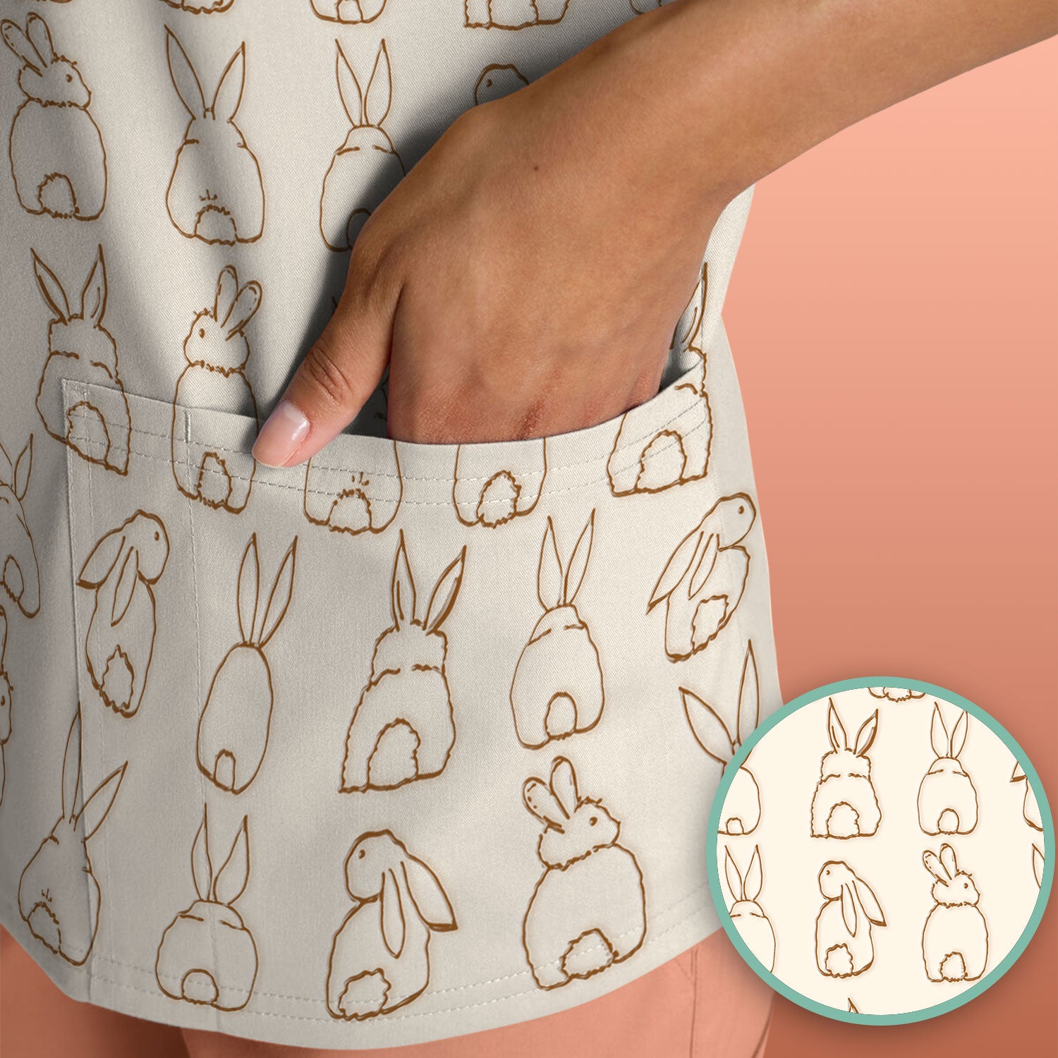 Cartoon Bunny Line Art Pattern Medical Scrub Top, Comfortable Scrubs for Nurses, Easter