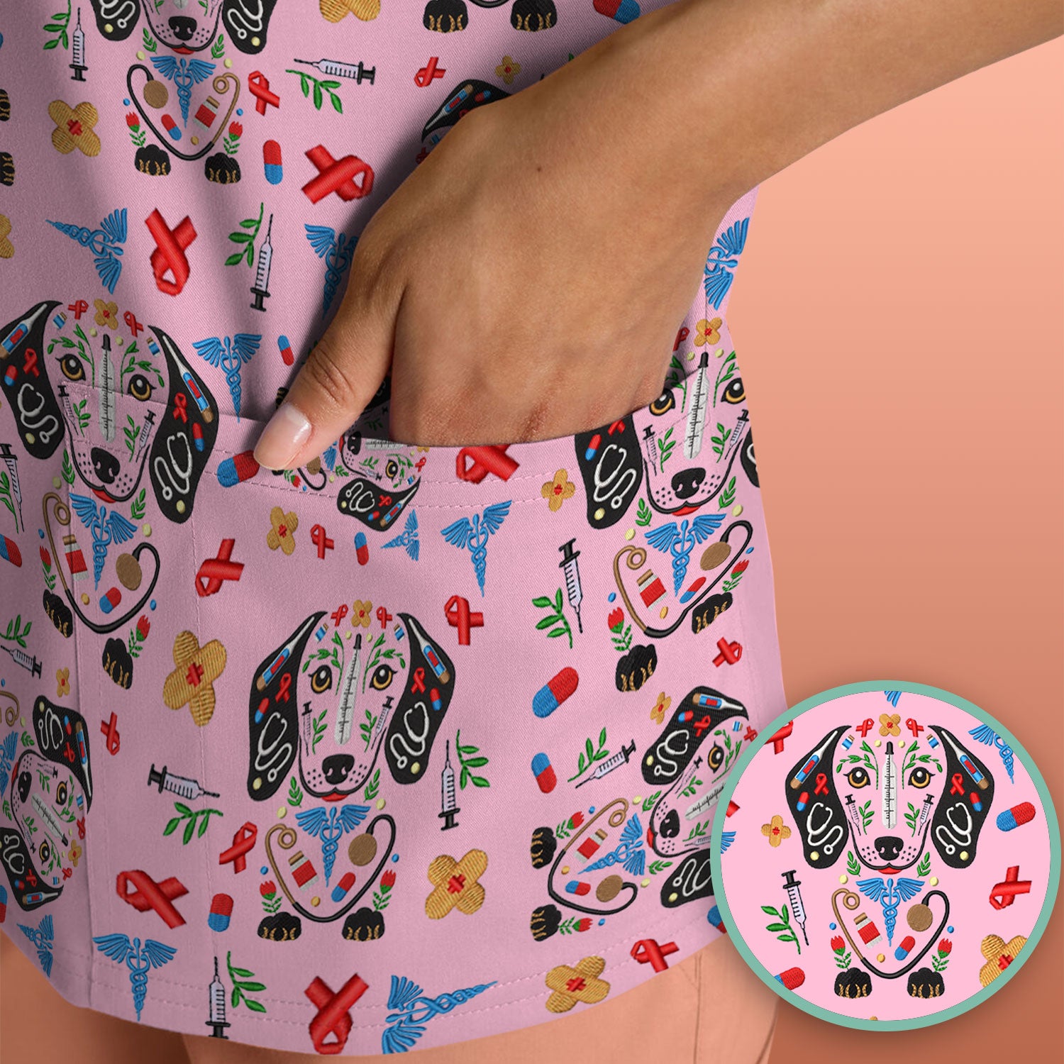 Dachshund Medical Icon Pattern Scrub Top, Comfortable Scrubs for Nurses