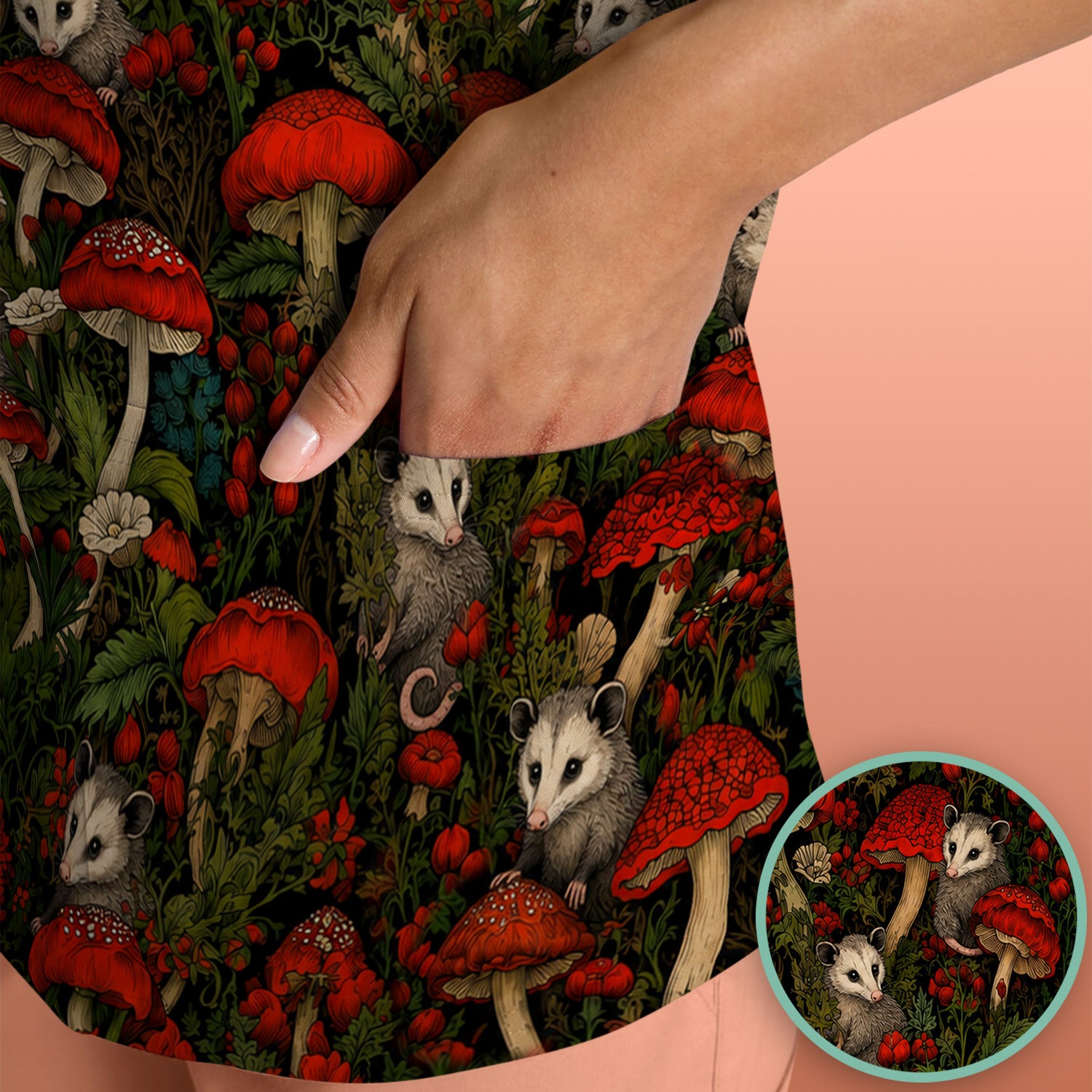Woodland Opossum Red Mushroom Pattern Scrub Top, Comfortable Scrubs for Nurses