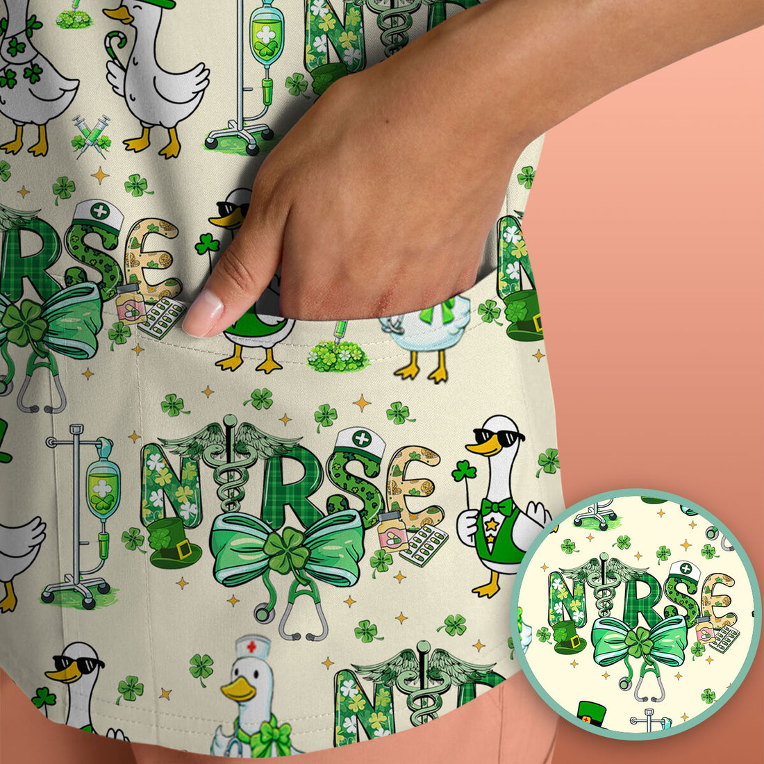 Funny Goose Nurse Shamrock Scrub Top, St. Patrick’s Day Nurse Pattern Shirt, Breathable Fabrics Nursing Uniform