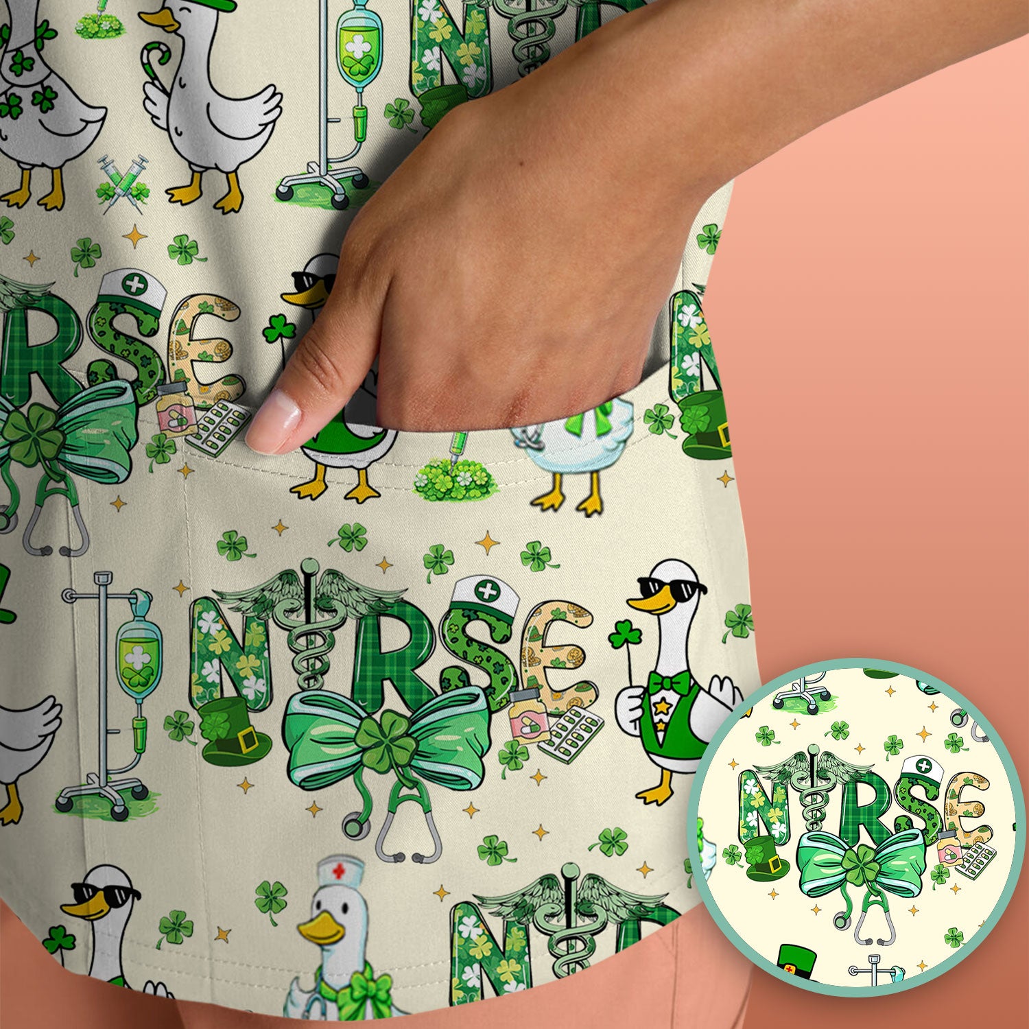 Funny Goose Nurse Shamrock Scrub Top, St. Patrick’s Day Nurse Pattern Shirt, Breathable Fabrics Nursing Uniform