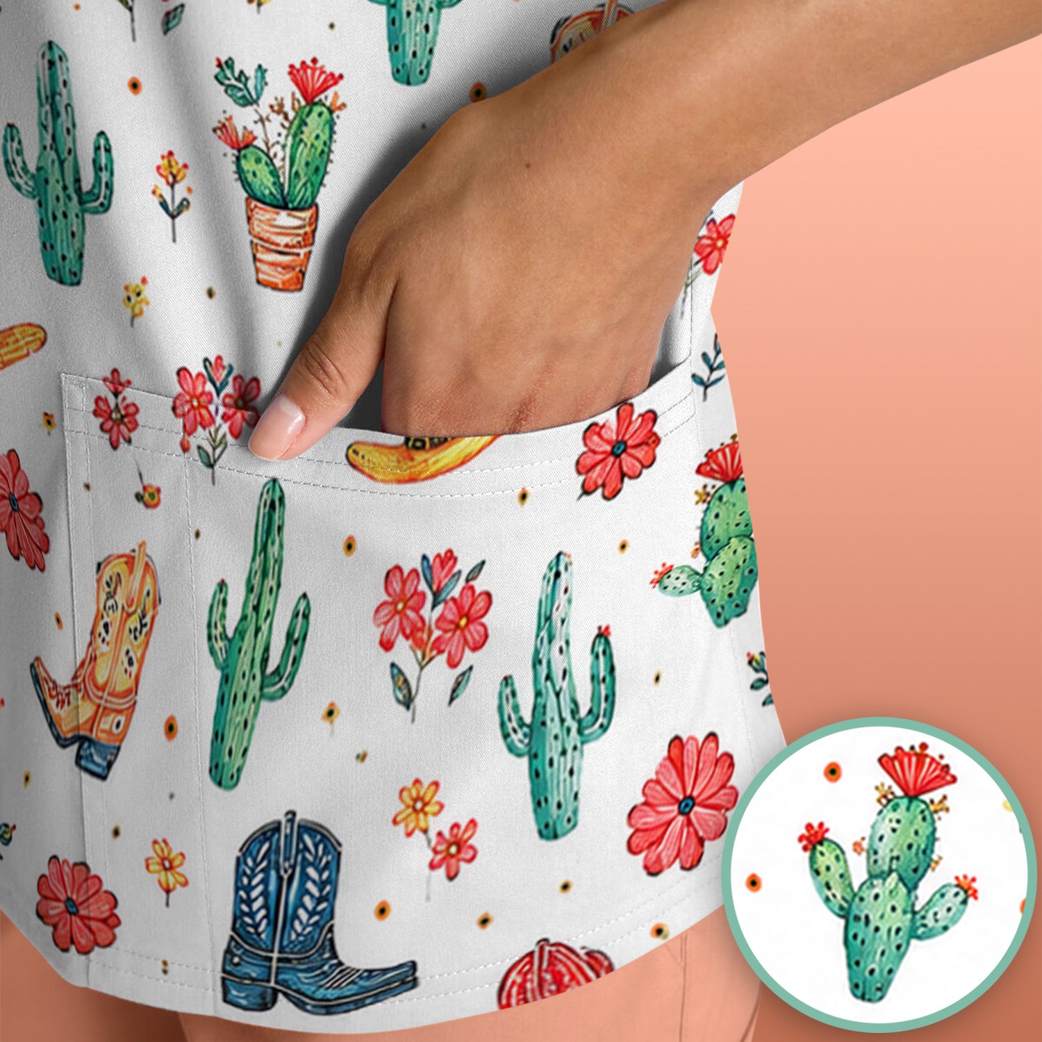 Whimsical Western Cactus Boots Pattern Scrub Top, Breathable Fabrics Nursing Uniform