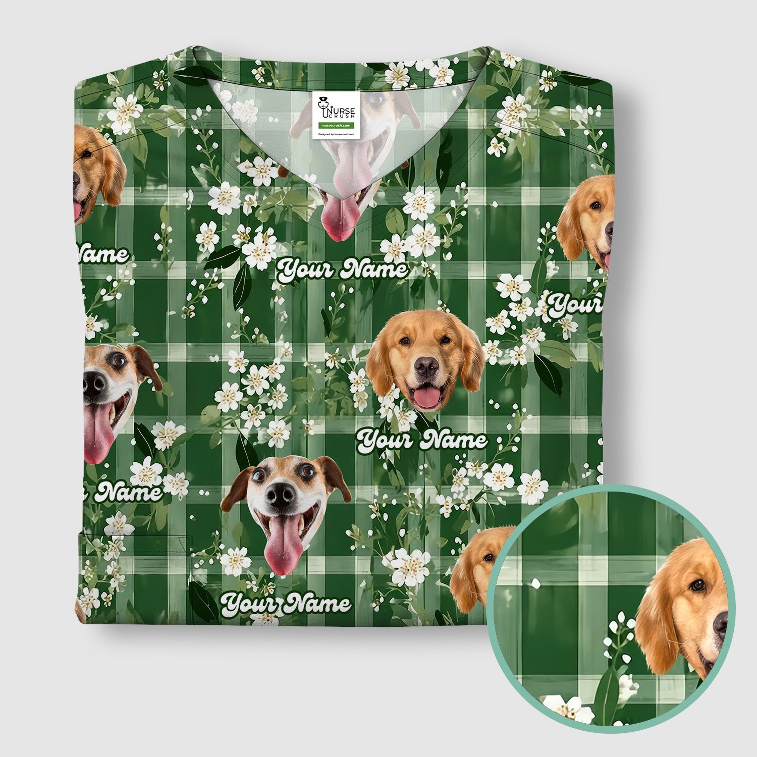 Custom Dog Face Scrub Top, Dog Green Plaid Floral Pattern Shirt, Comfortable Scrubs for Nurses