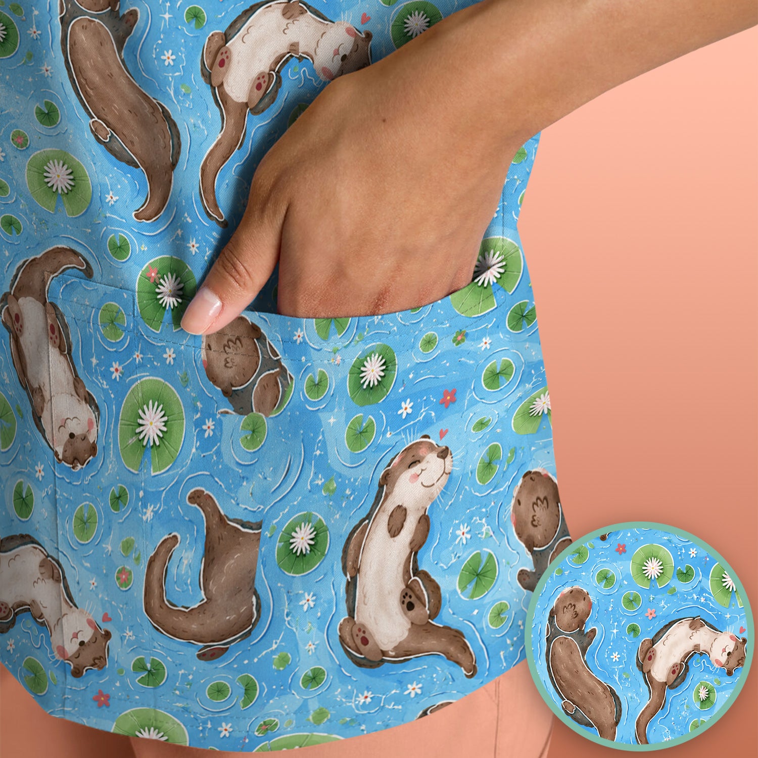 Cute Otter Lily Pond Nurse Print Scrub Top, Comfortable Scrubs for Nurses