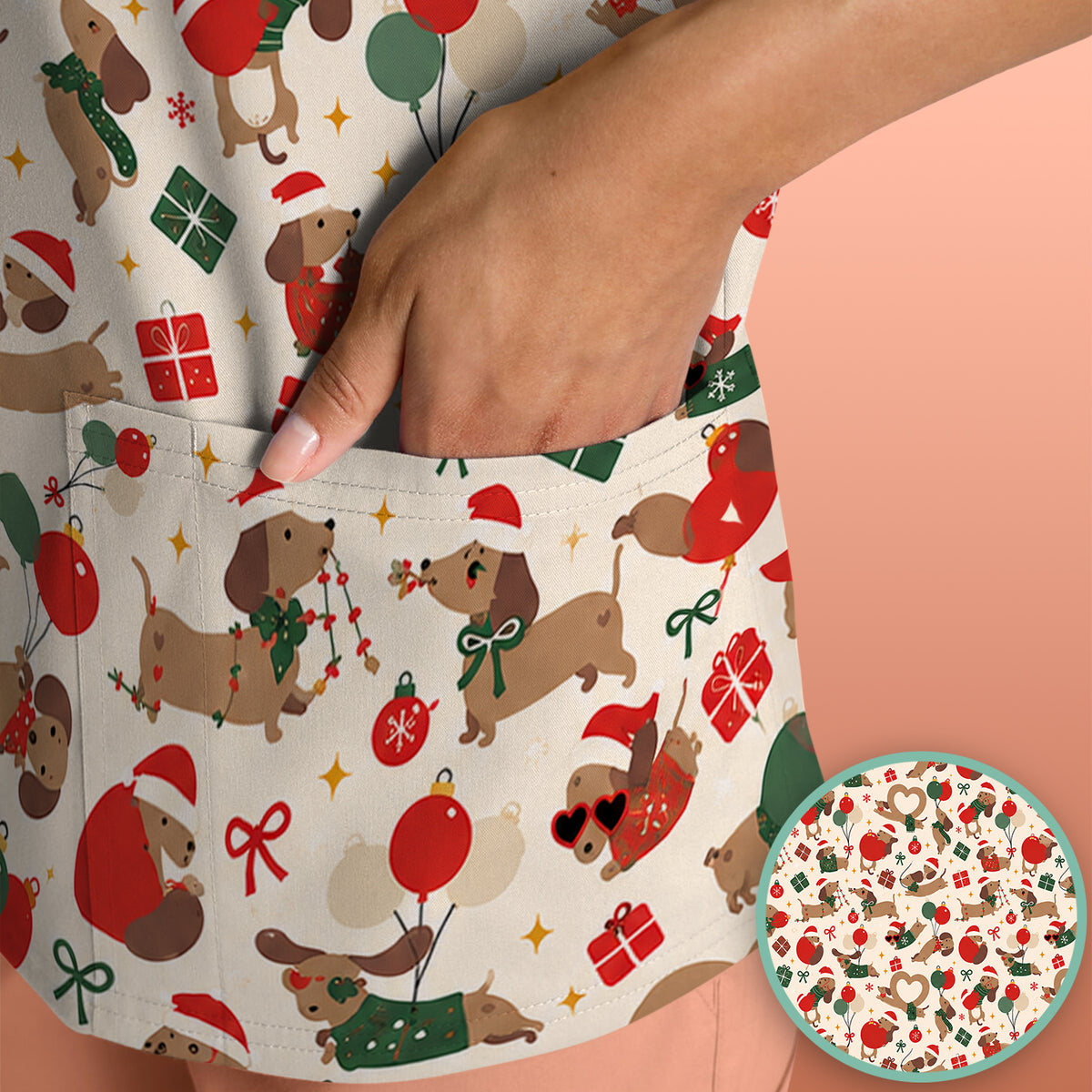 Cute Christmas Dachshund Pattern Scrub Top, Comfortable Scrubs for Nurses