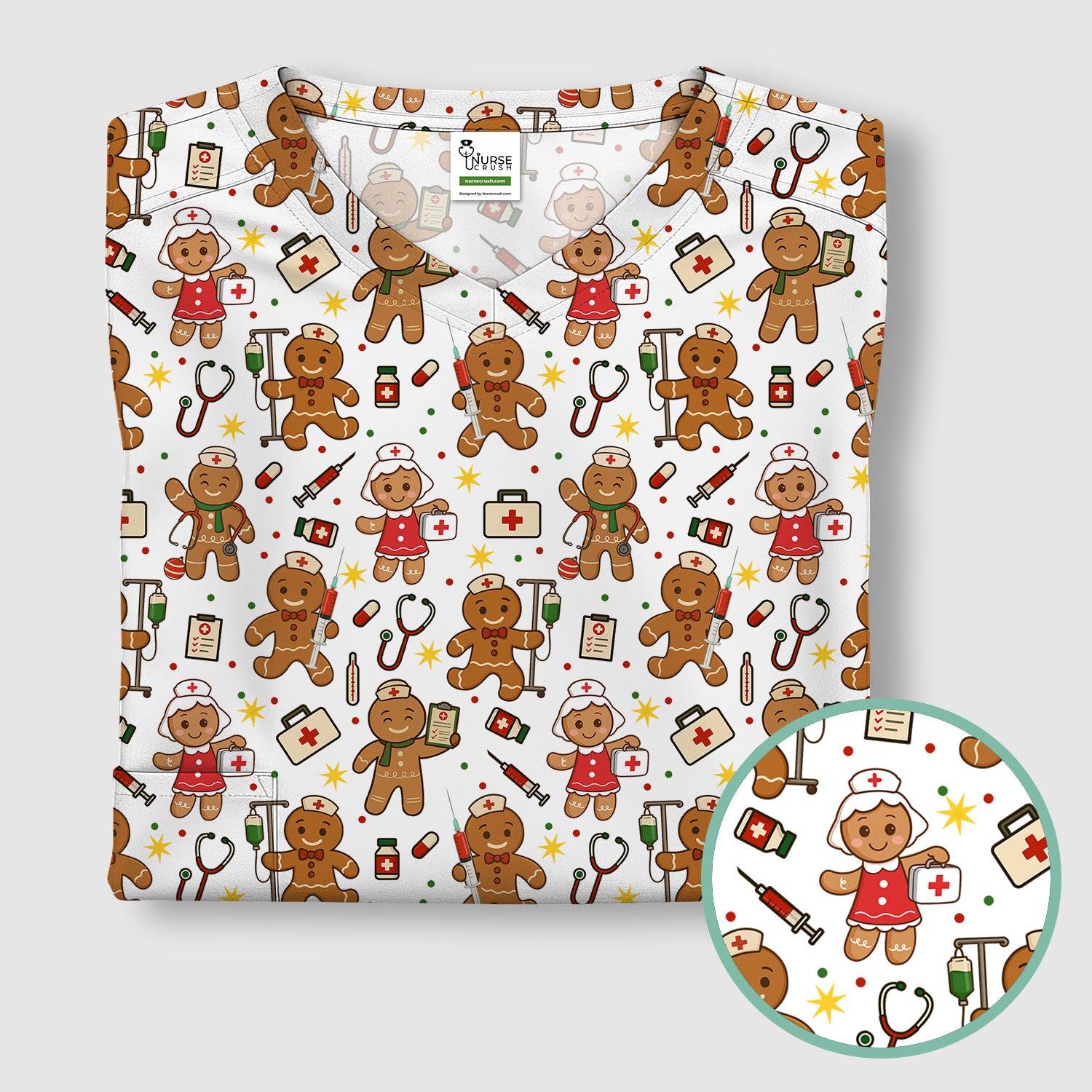 Gingerbread Christmas Nurse Scrub Top - Cute Holiday Cookie Pattern Shirt for Women - Funny Festive Nursing Gift for RN LPN CNA