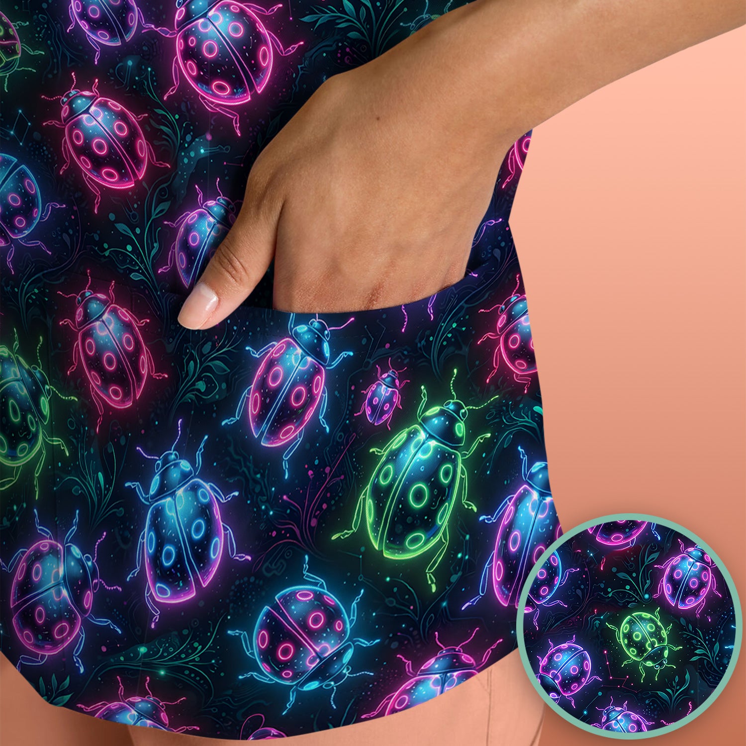 Colorful Neon Ladybug Pattern Scrub Top, Comfortable Scrubs for Nurses