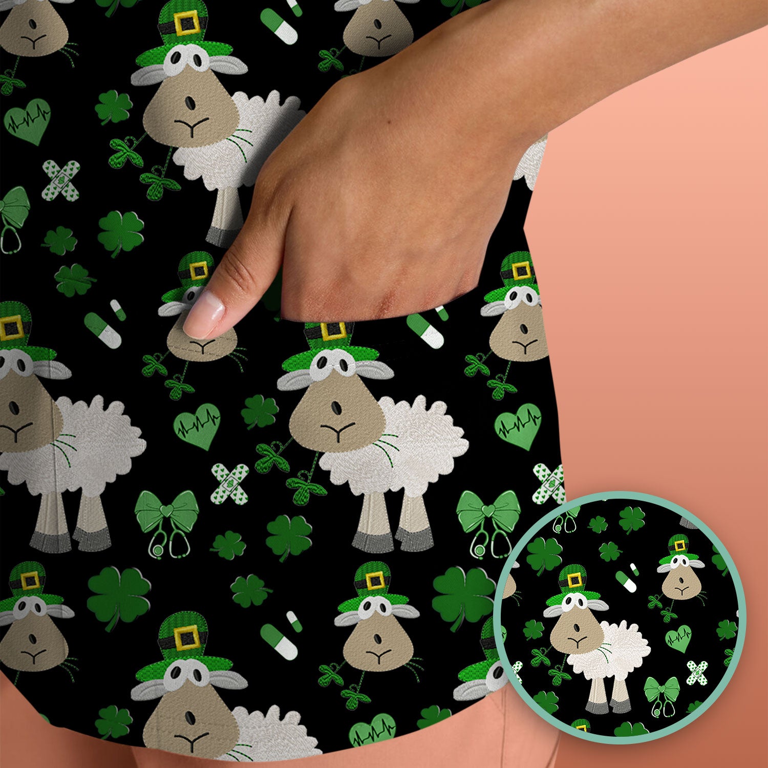 Nurse St. Patrick Scrubs Top, Cute Sheep Shamrock Pattern Nurse Shirt, Breathable Fabrics Nursing Uniform