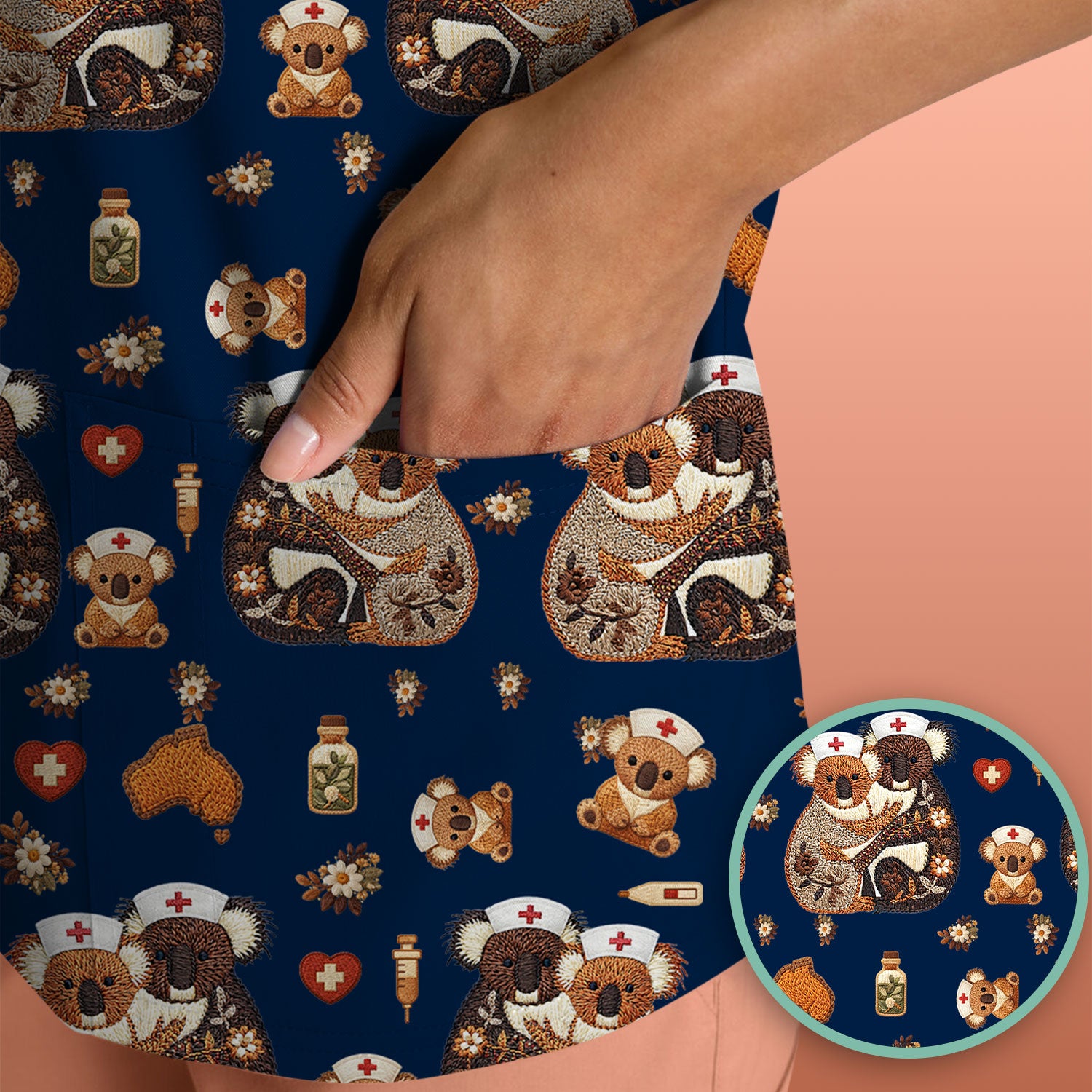 Cute Cartoon Koala Valentine Nurse Design Scrub Top, Breathable Fabrics Nursing Uniform