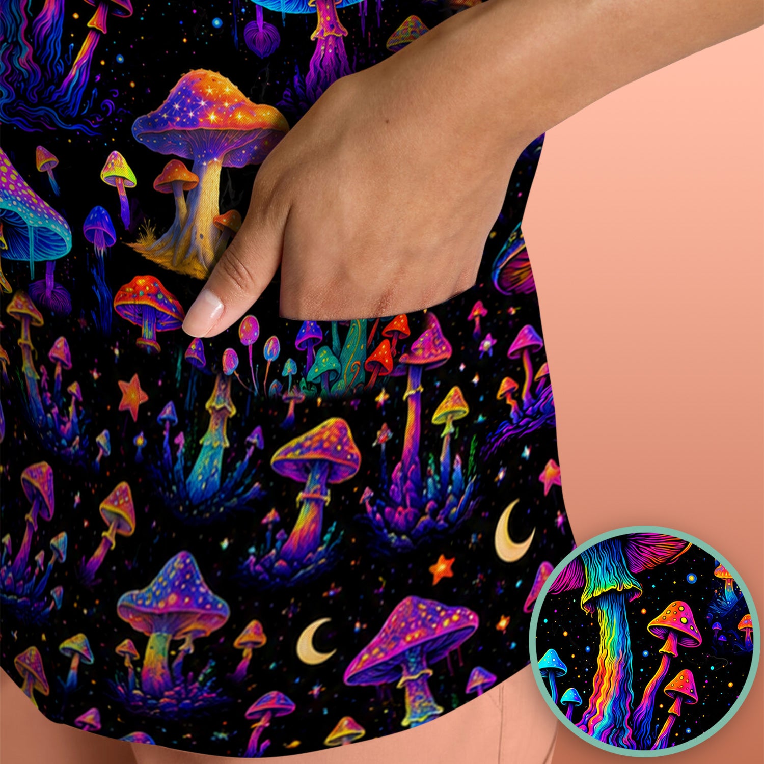 Neon Fantasy Mushroom Print Scrub Top, Comfortable Scrubs for Nurses
