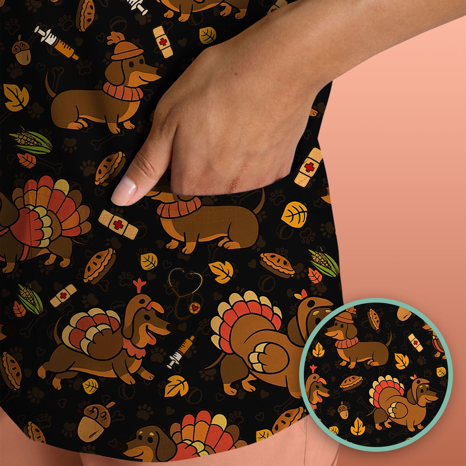 Thanksgiving Dachshund Scrubs Top - Cute Dog Turkey Medical Uniform Shirt for Nurses - Funny Holiday Gift