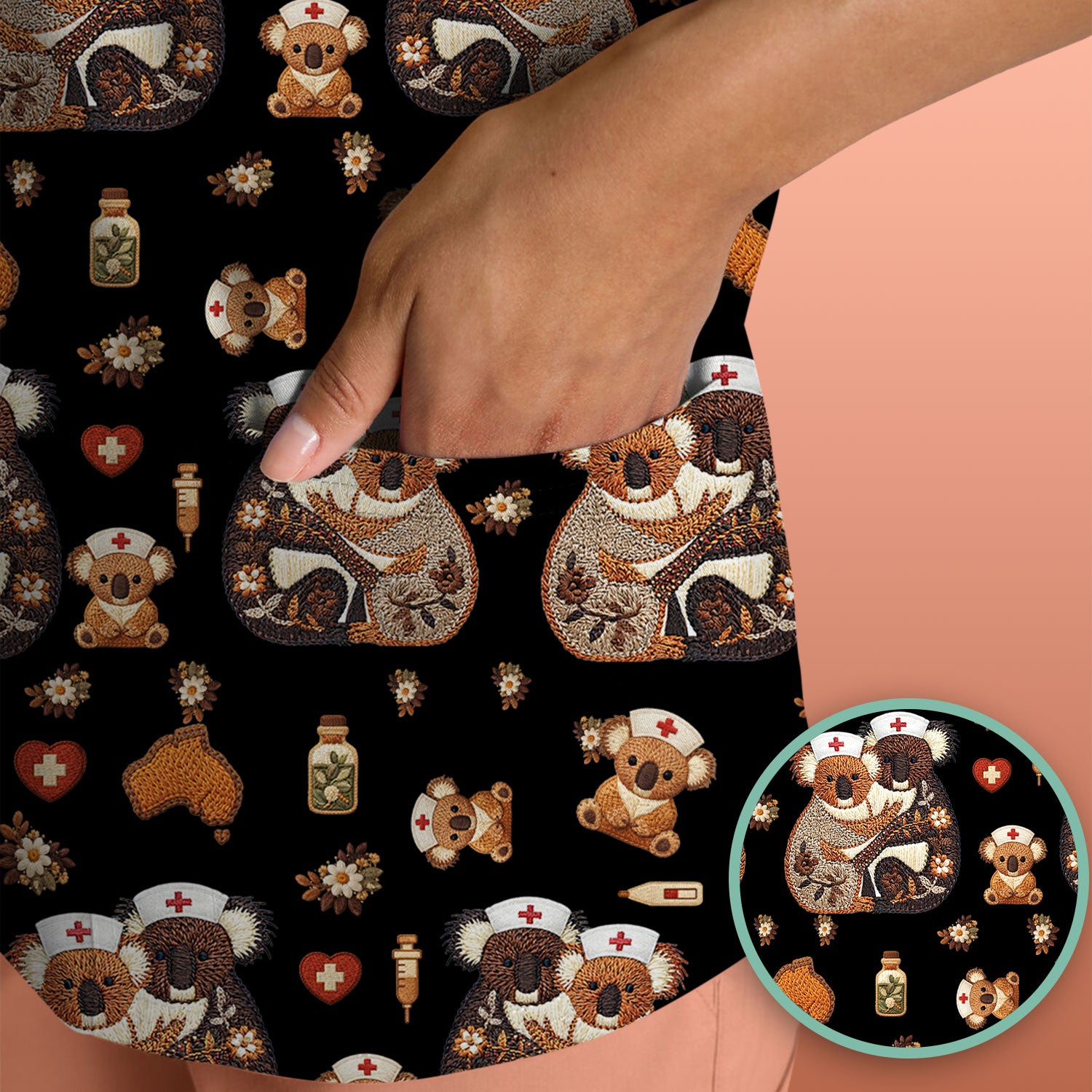 Cute Cartoon Koala Valentine Nurse Design Scrub Top, Breathable Fabrics Nursing Uniform