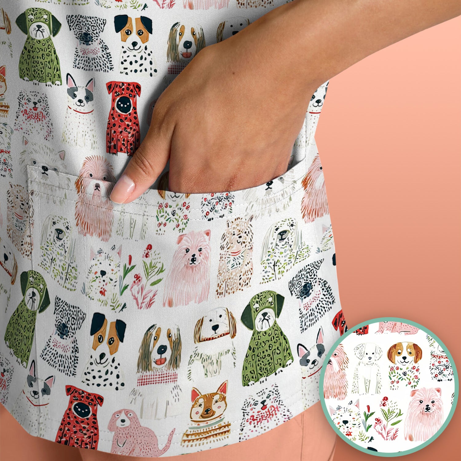 Cute Cartoon Dog Breeds Pattern Scrub Top, Comfortable Scrubs for Nurses