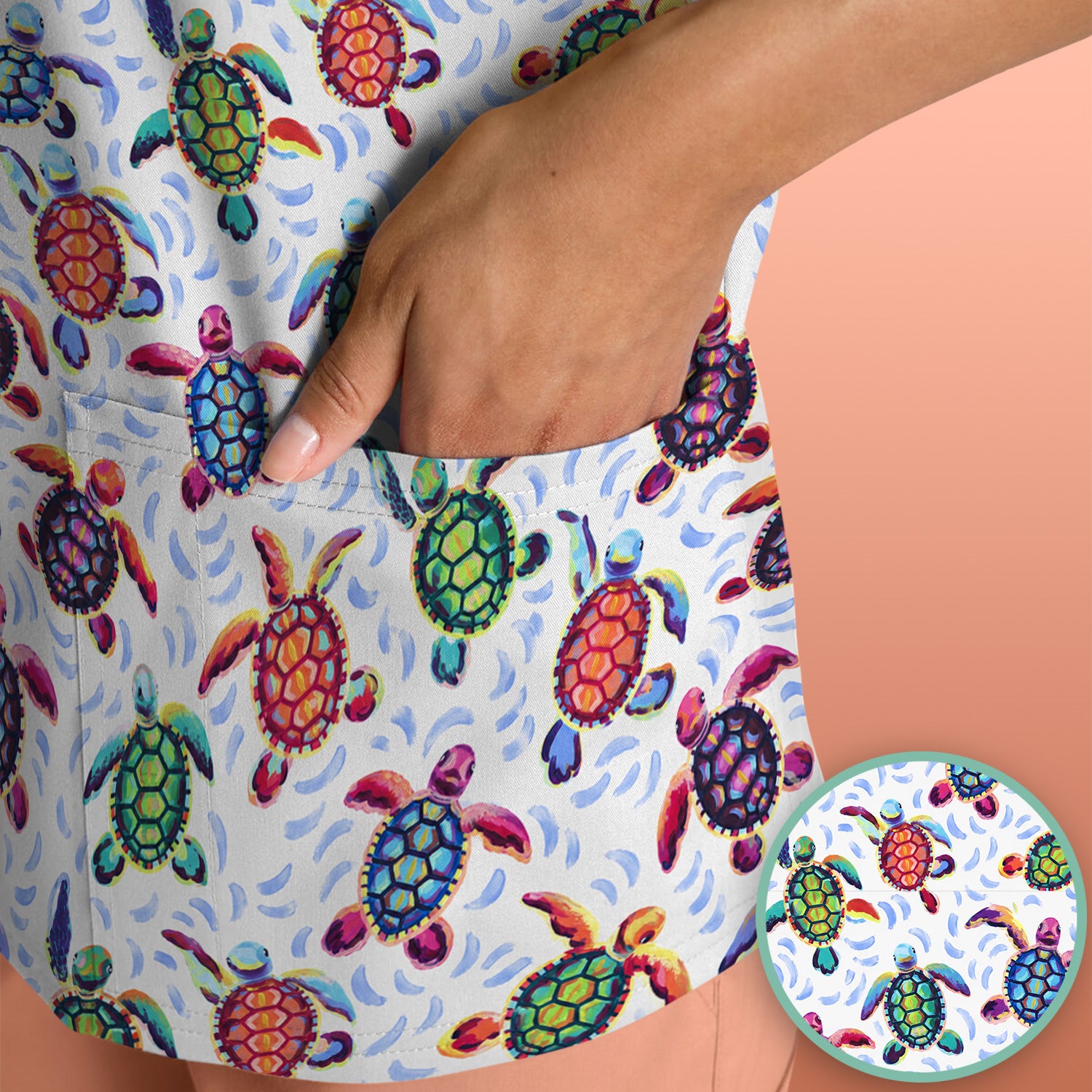 Colorful Sea Turtle Wave Pattern Scrub Top, Comfortable Scrubs for Nurses