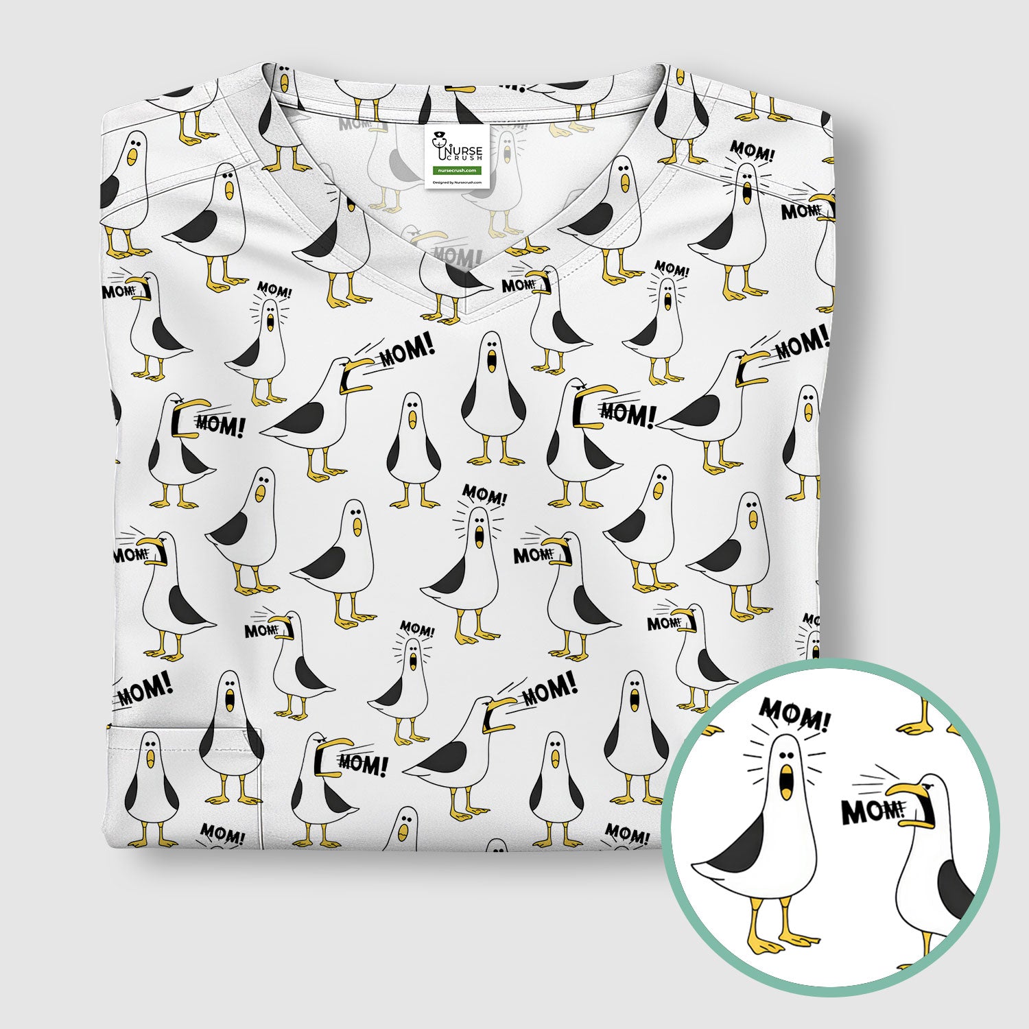 Funny Seagull Mom Seamless Pattern Scrub Top, Comfortable Scrubs for Nurses
