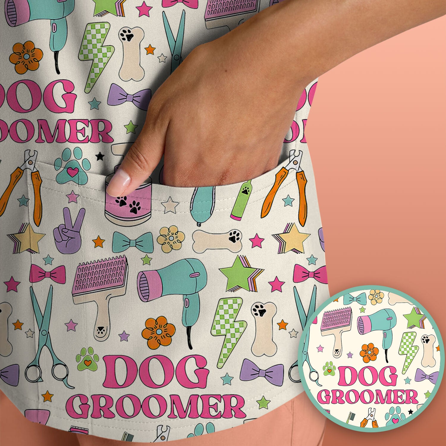 Dog Groomer Tools Pattern Nursing Scrub Top, Comfortable Scrubs for Nurses