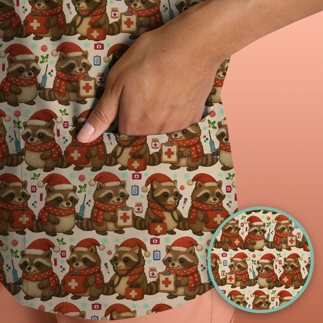 Christmas Scrub Top – Nurse Raccoon Pattern Shirt – Cute Medical Uniform For Nursing
