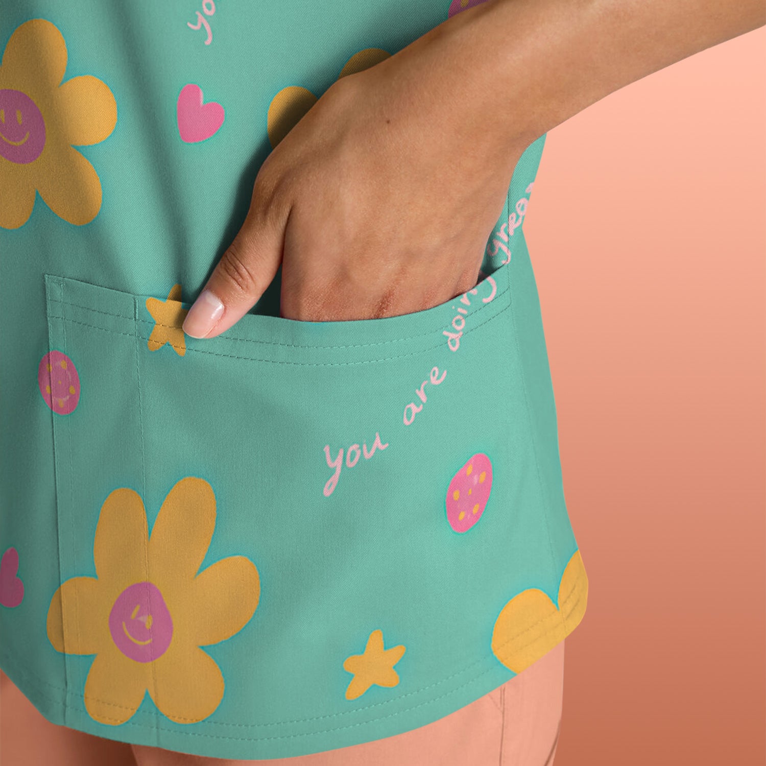 Cheerful Smiley Flower Pattern, Positive Medical Scrub Top, Comfortable Scrubs for Nurses