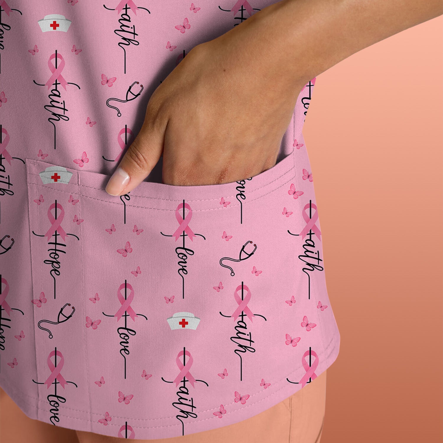 Breast Cancer Awareness Scrub Top Multi Color - Faith Hope Love Pink Ribbon Nursing Shirt - Supportive Nurse Workwear