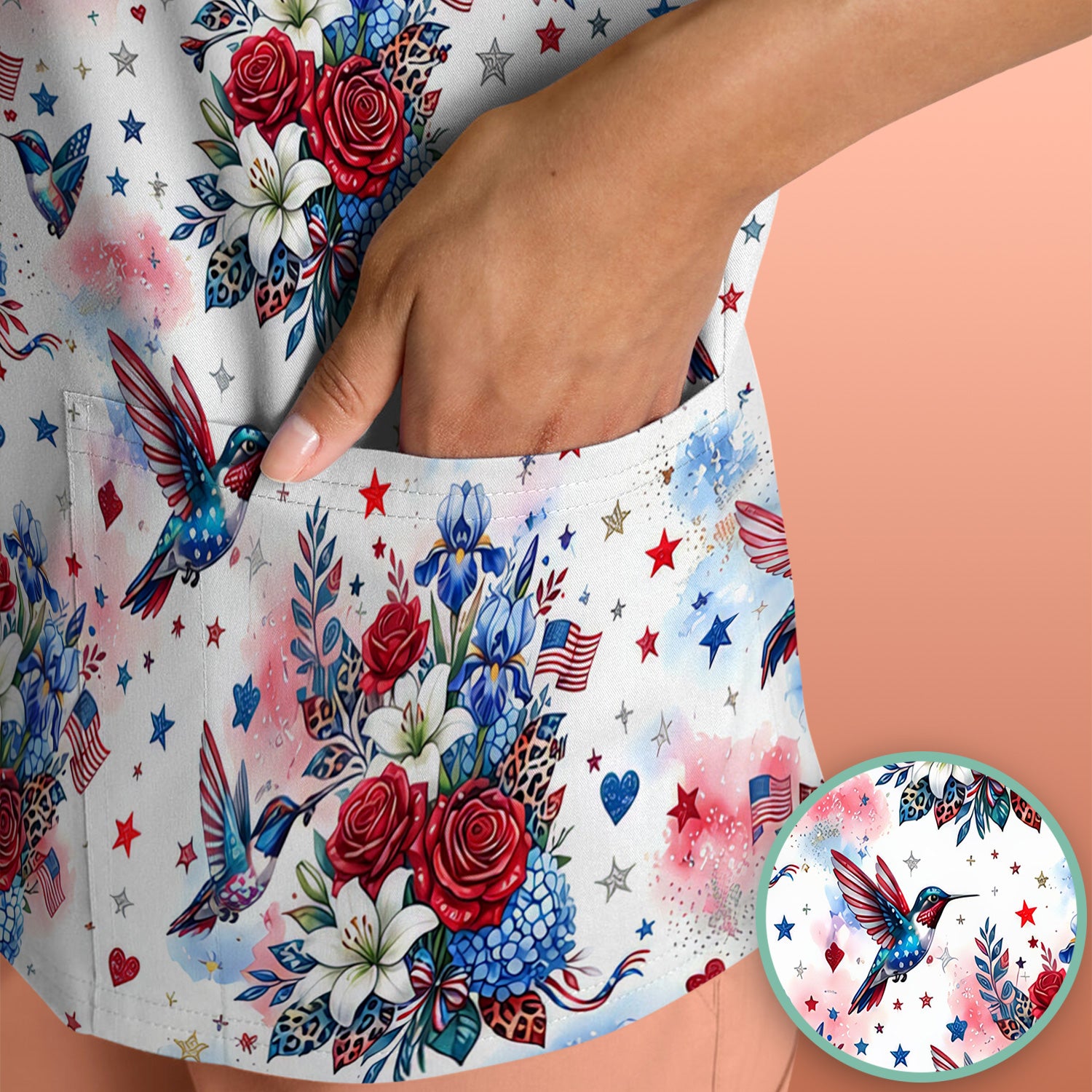 Patriotic Hummingbird Floral Bouquet Pattern Scrub Top, Comfortable Scrubs for Nurses