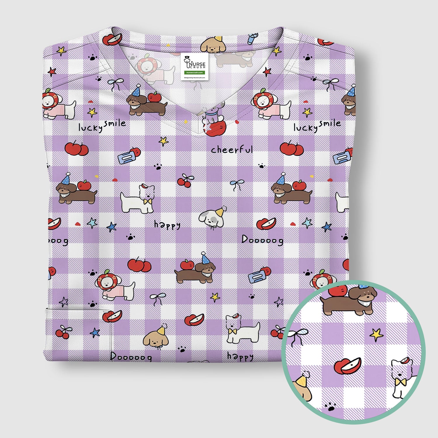 Cute Nurse Cartoon Puppy Apple Gingham Scrub Top, Breathable Fabrics Nursing Uniform