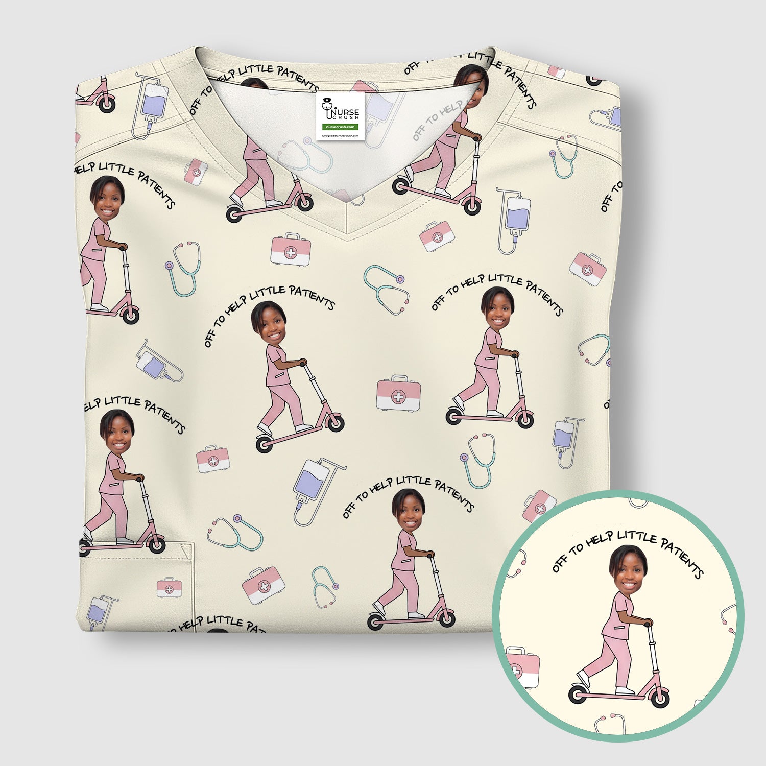 Custom Face Pediatric Nurse Scooter Pattern Scrub Top, Comfortable Scrubs for Nurses