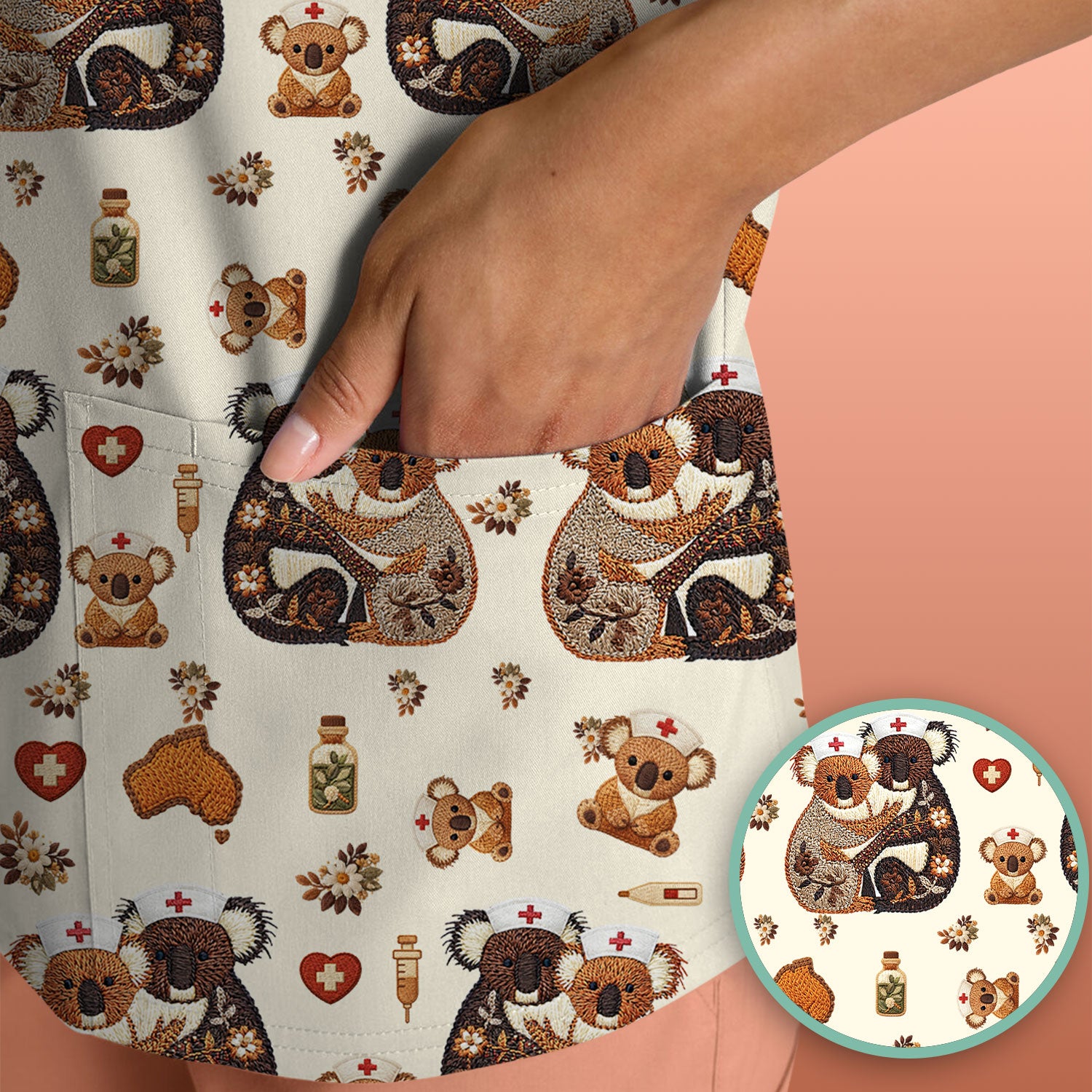 Cute Cartoon Koala Valentine Nurse Design Scrub Top, Breathable Fabrics Nursing Uniform