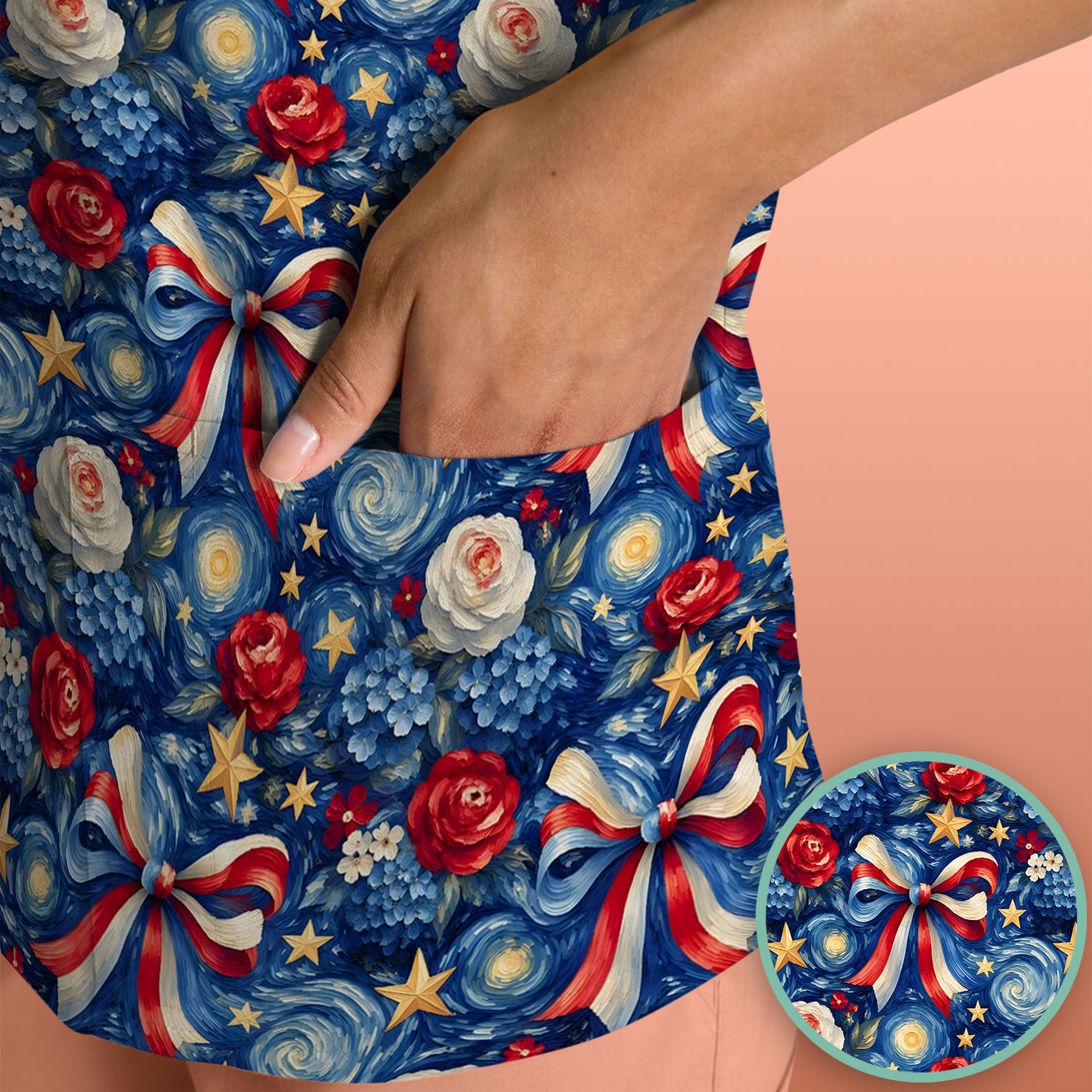 Patriotic Starry Bow Nurse for RN, CNA, Healthcare Workers Scrub Top, Comfortable Scrubs for Nurses