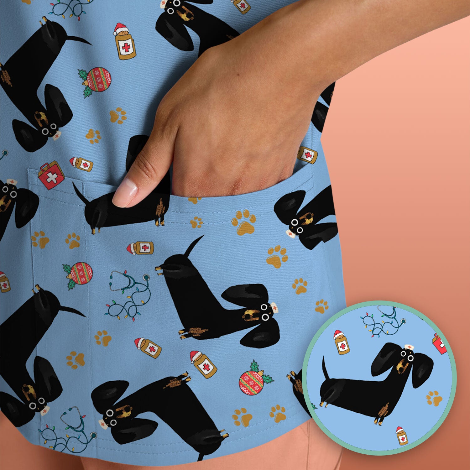 Funny Black Dachshund Scrub Top for Nurses - Cute Wiener Dog Medical Shirt - Puppy Lover Nursing Gift for Women