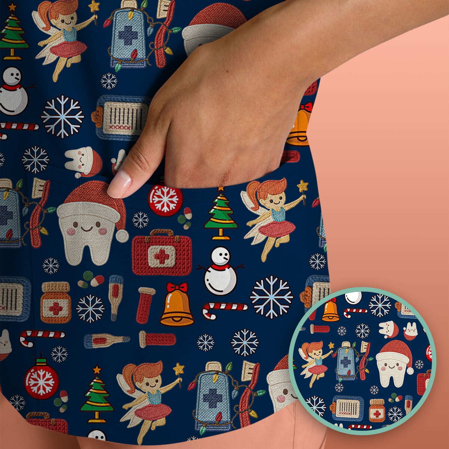 Christmas Dental Scrub Top - Cute Santa Tooth & Snowman Shirt - Festive Holiday Medical Uniform for Dentists, Hygienists & Nurses