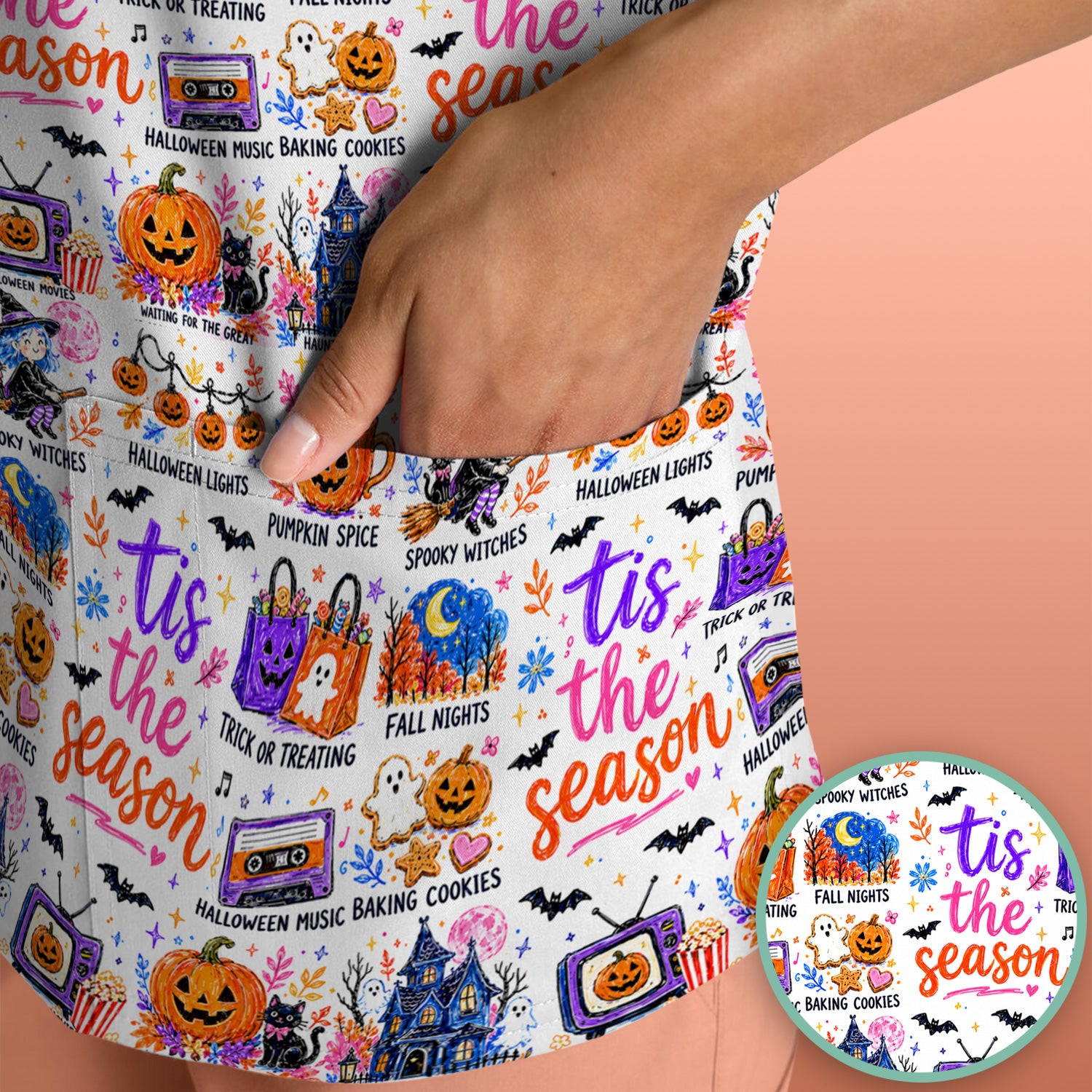Pumpkin Ghost Spooky Season Print Scrub Top, Comfortable Scrubs for Nurses
