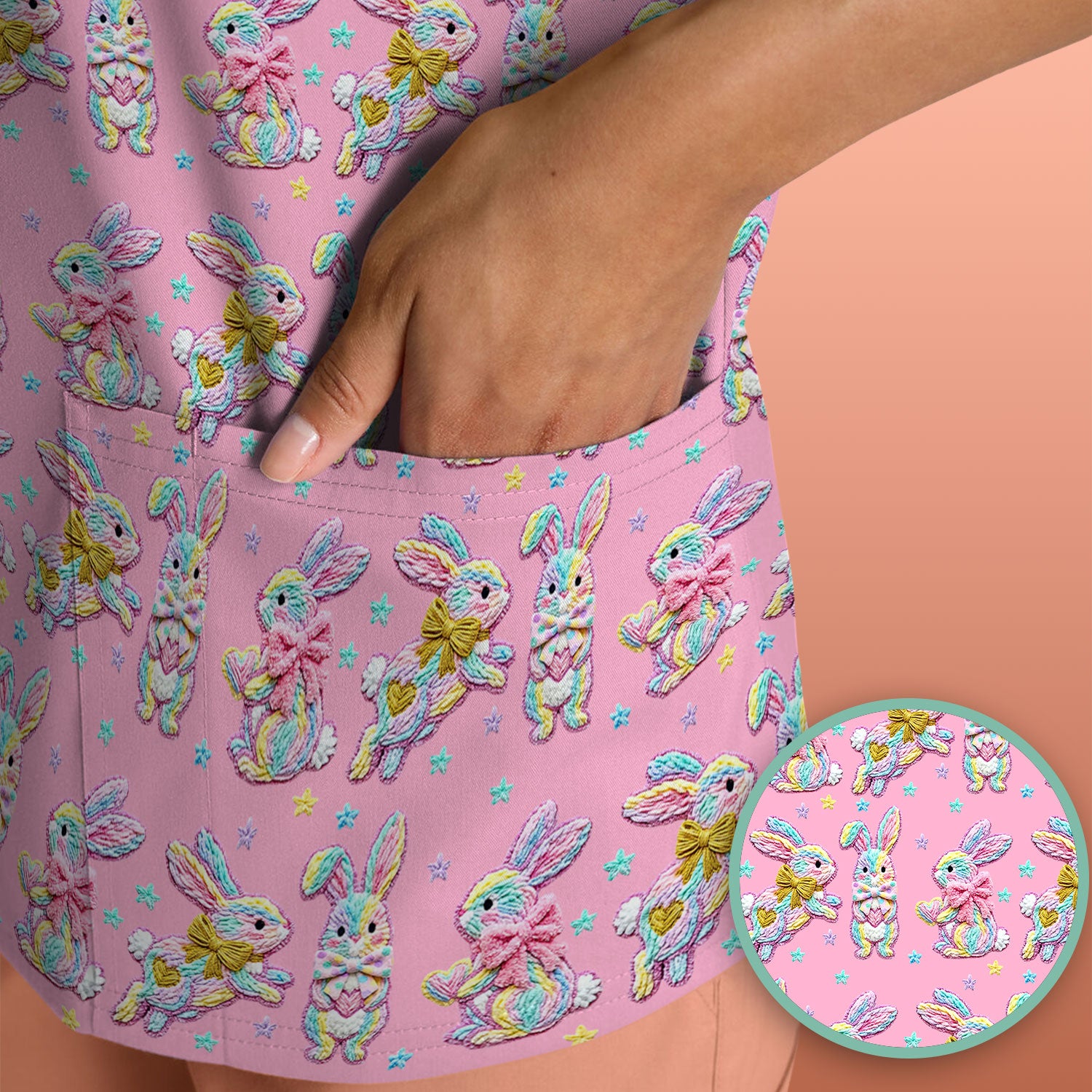 Cartoon Bunny All Over Print Scrub Top, Comfortable Scrubs for Nurses, Easter