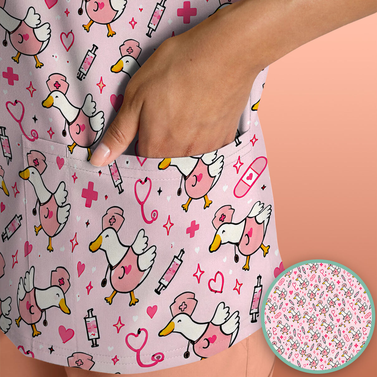Pink Nurse Goose And Hearts Scrub Top, Comfortable Scrubs for Nurses