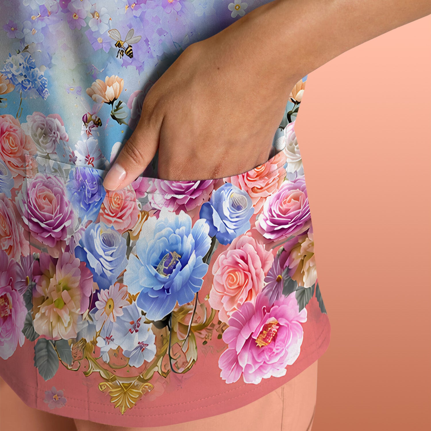 Pastel Flower Garden Print Scrub Top, Comfortable Scrubs for Nurses