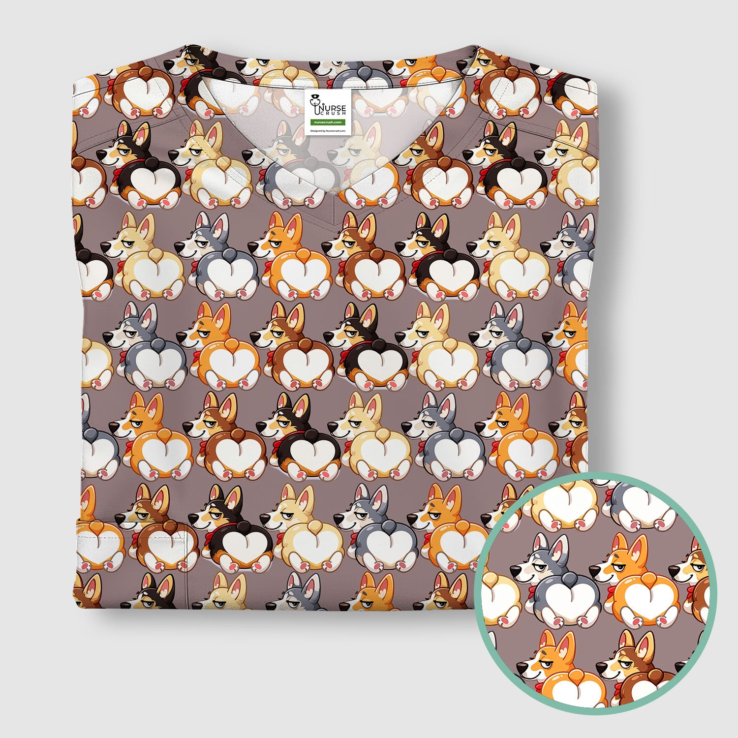 Funny Corgi Cartoon Pattern Scrub Top, Comfortable Scrubs for Nurses