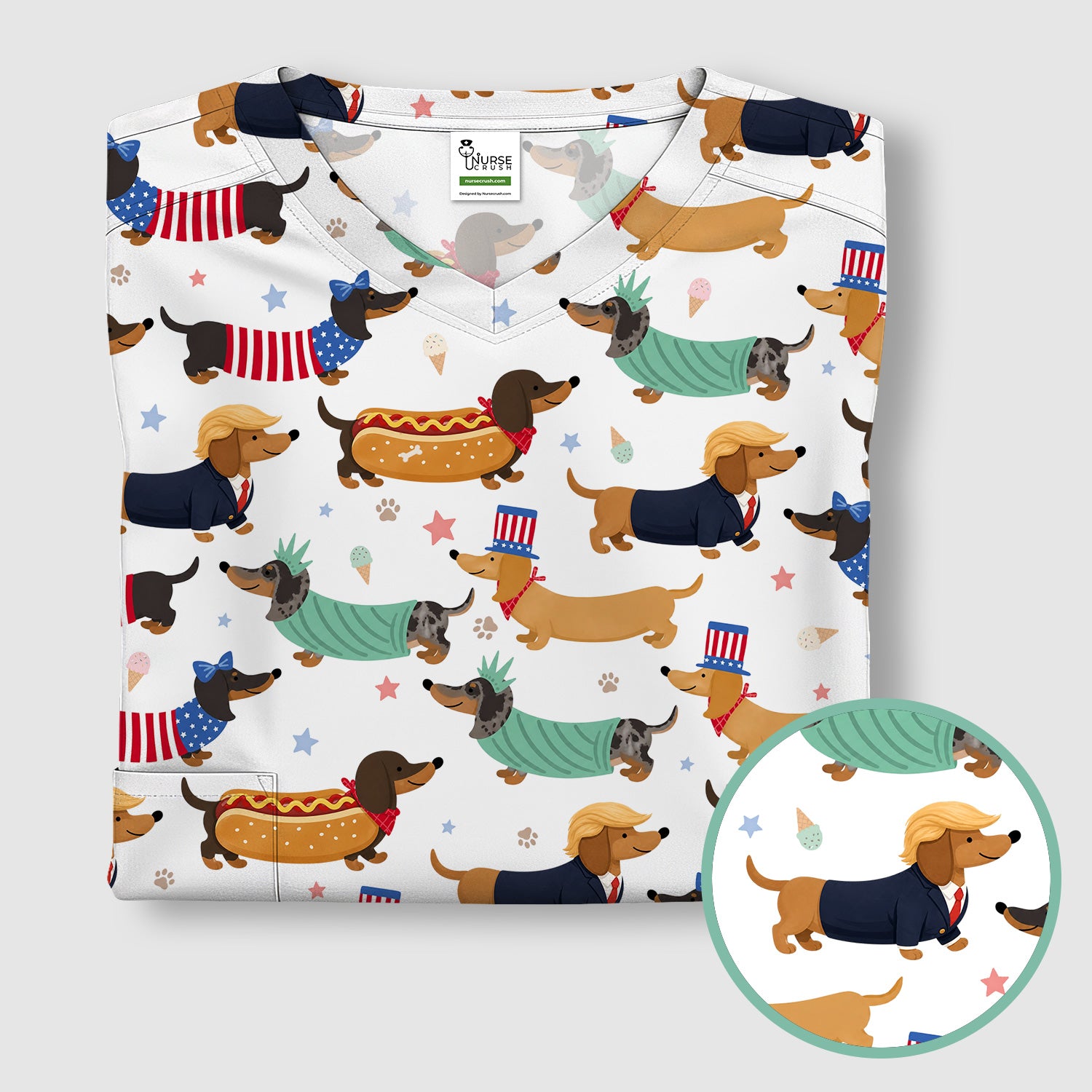 Funny Patriotic Dachshund Costume Dogs Pattern Scrub Top, Breathable Fabrics Nursing Uniform