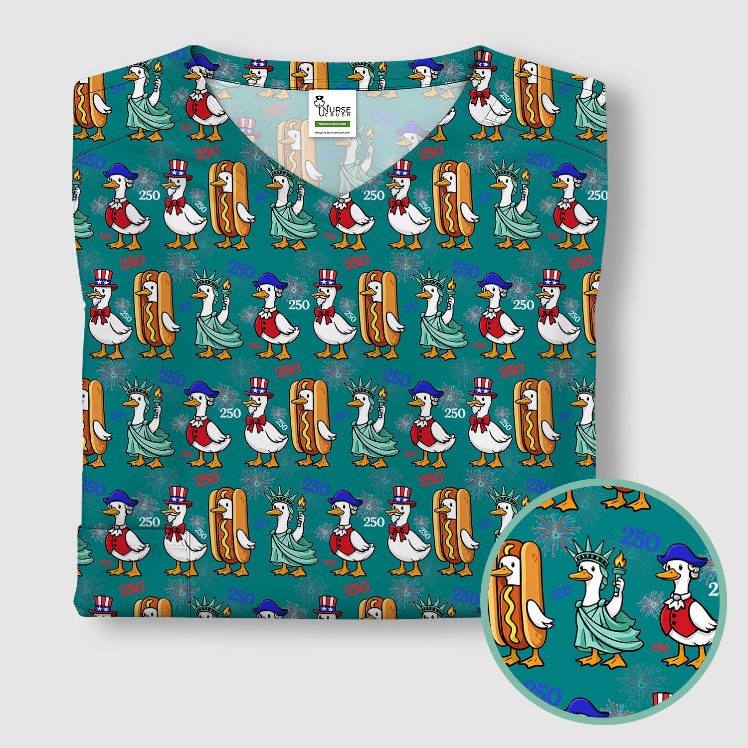 Patriotic Duck Independence Day Pattern Scrub Top, Breathable Healthcare Uniform Top