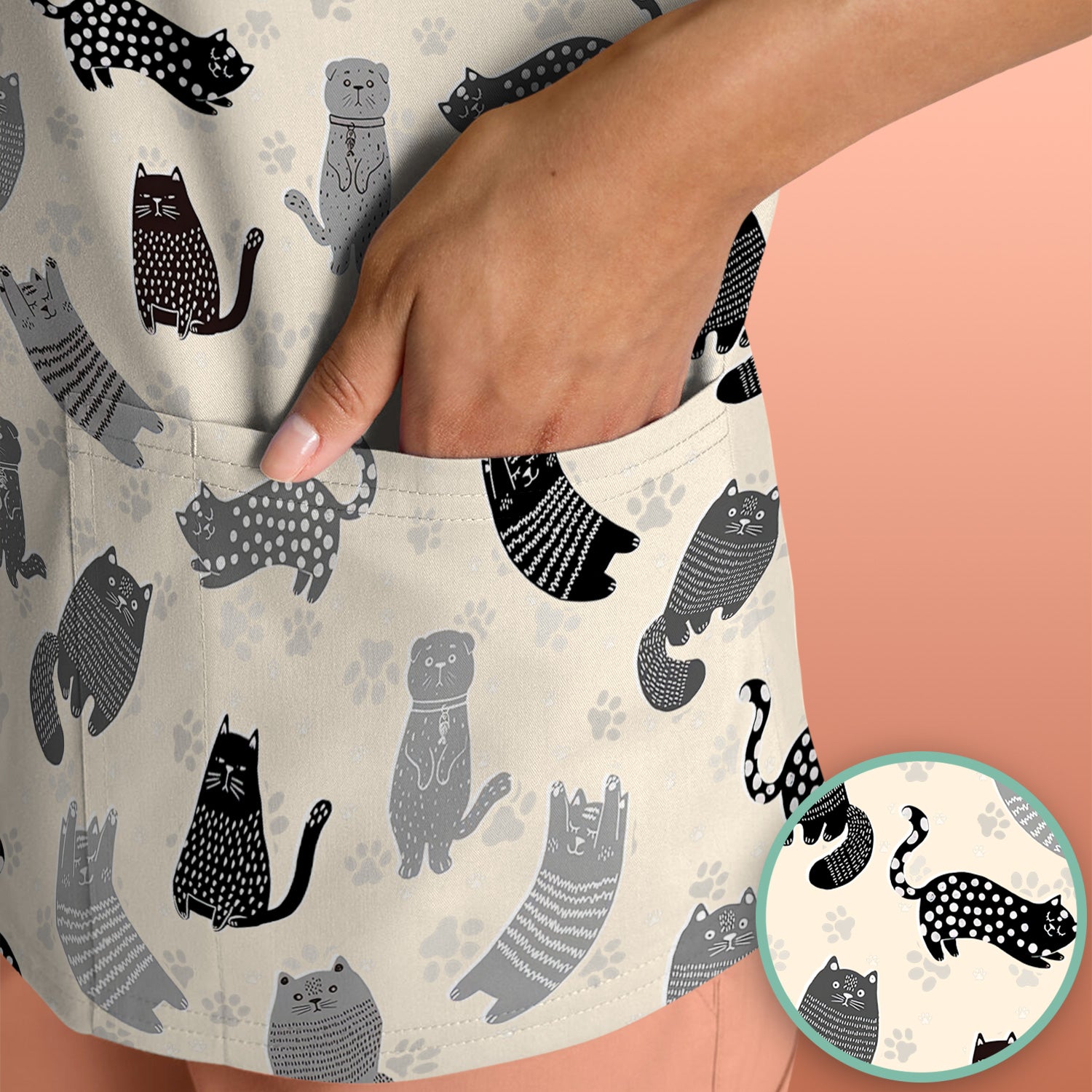 Cute Cat and Paw Print Pattern Scrub Top, Breathable Fabrics Nursing Uniform