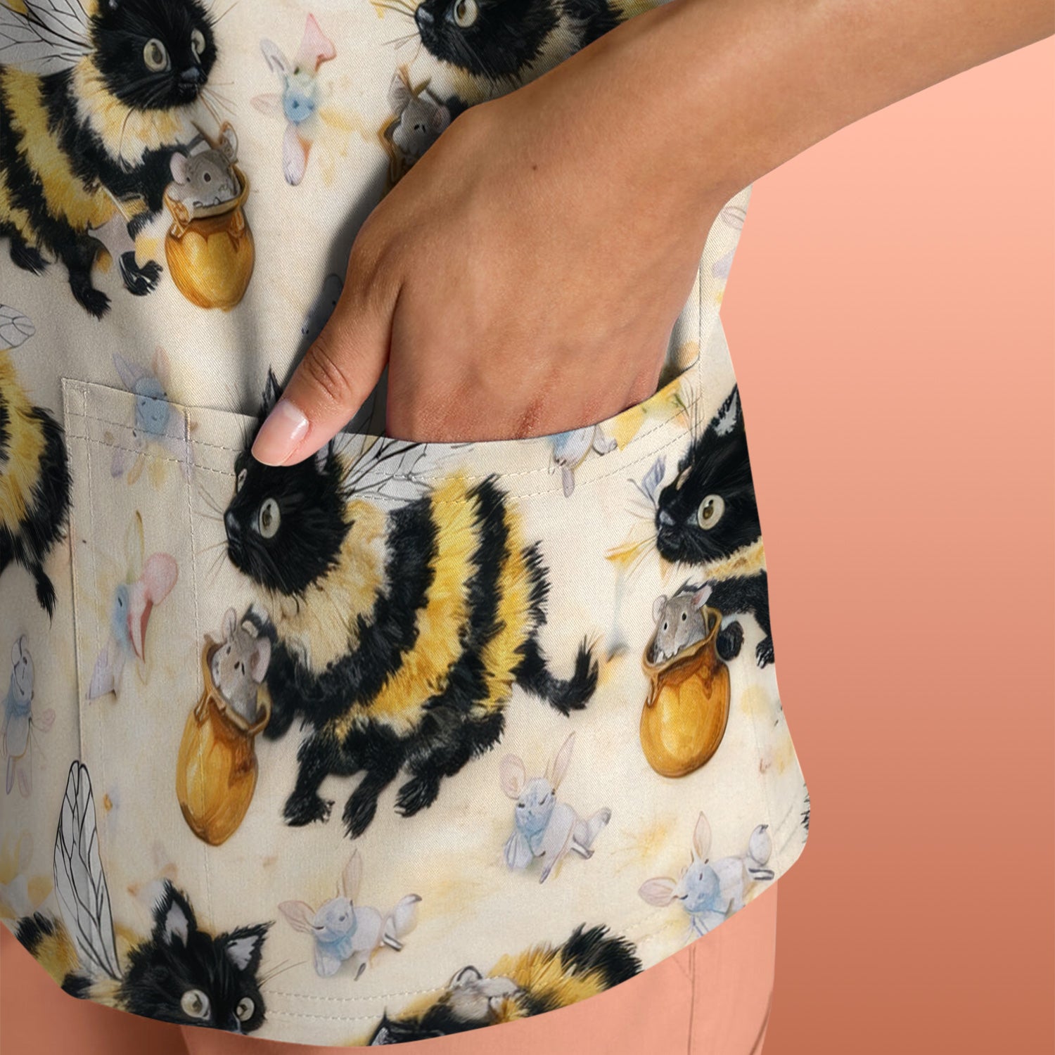 Adorable Nurse Bumblebee Cat Honey Jar Winged Pattern Scrub Top, Comfortable Scrubs for Nurses