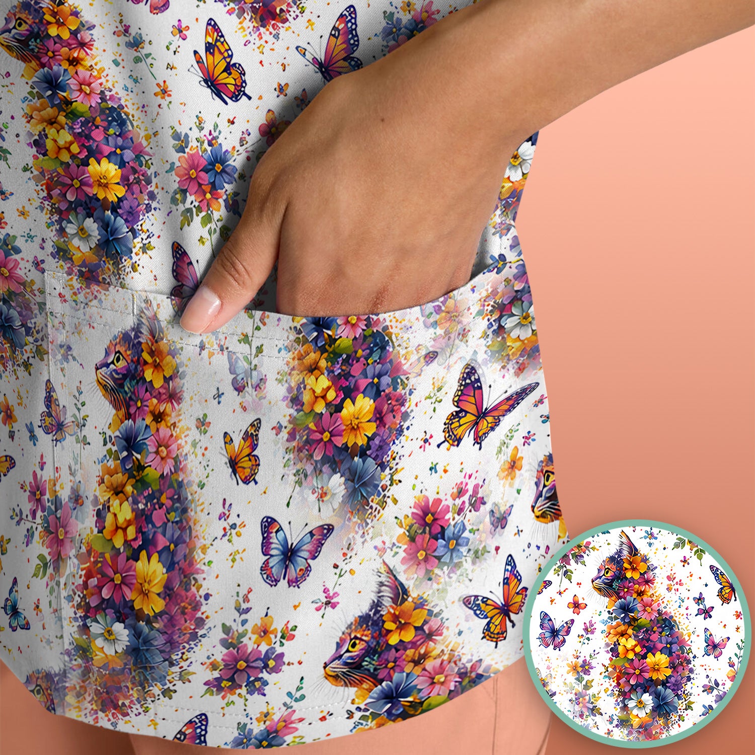 Cute Floral Cat With Butterfly Pattern Scrub Top, Comfortable Scrubs for Nurses