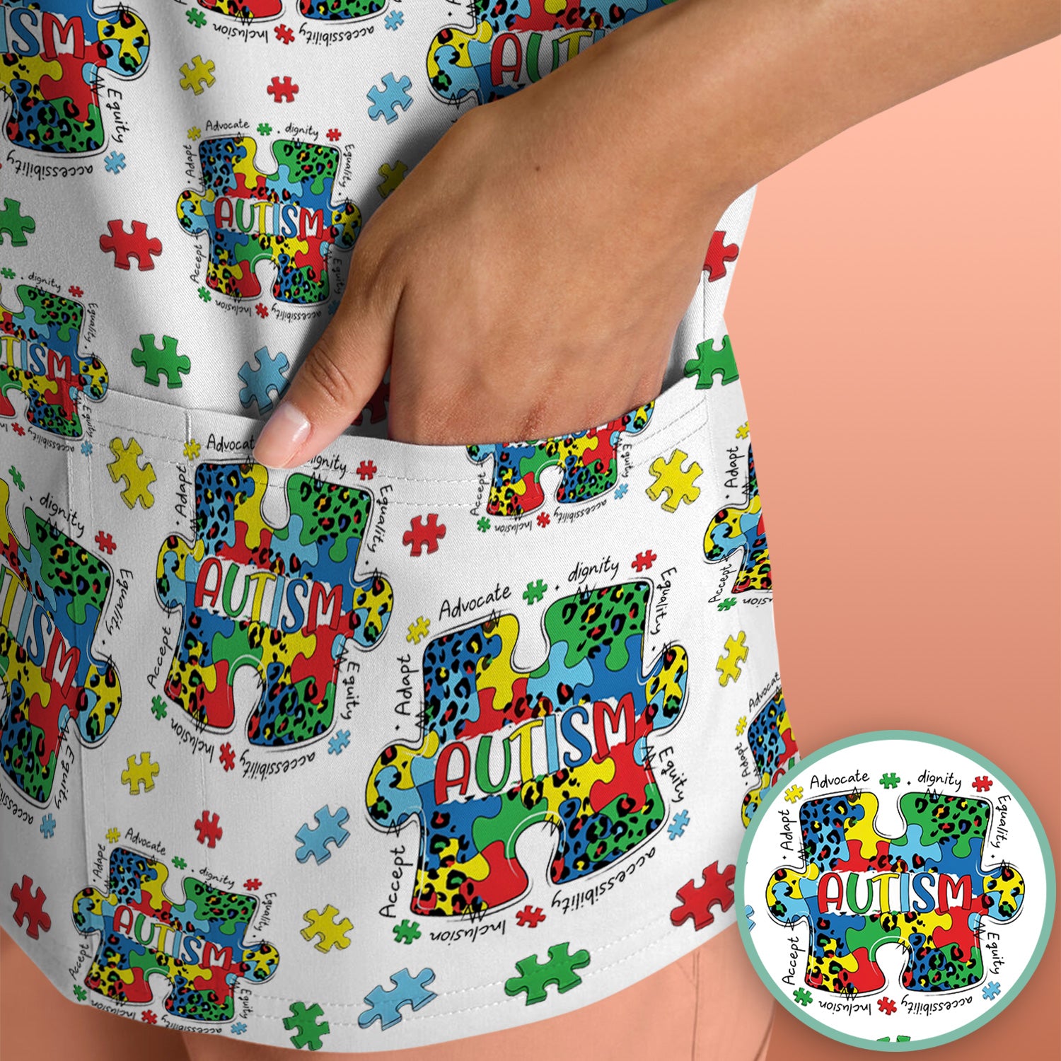Autism Awareness Puzzle Pattern Scrub Top, Breathable Fabrics Nursing Uniform