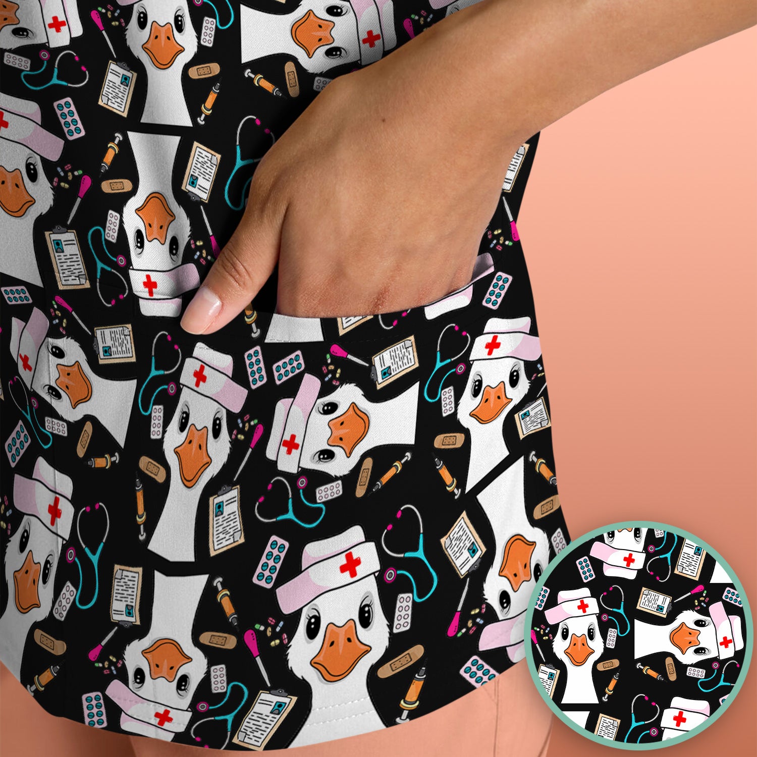 Duck Wearing Hat With Medical Tools Scrub Top, Breathable Fabrics Nursing Uniform