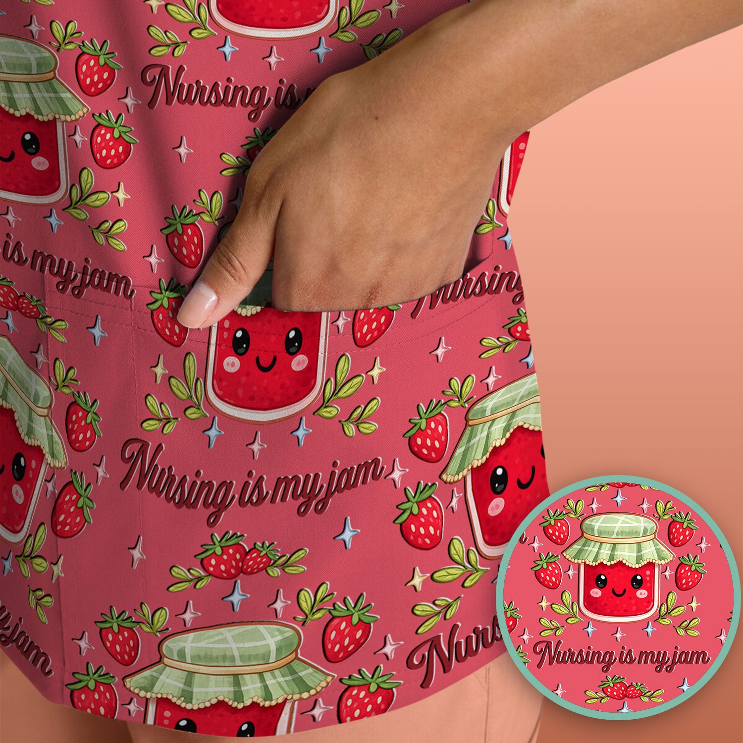 Cute Strawberry Jam Nurse Pattern Scrub Top, Breathable Fabrics Nursing Uniform